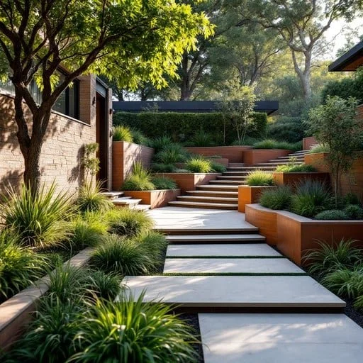 A modern outdoor garden with tiered landscaping, concrete pathway, lush green plants, and trees, leading to a house in the background.