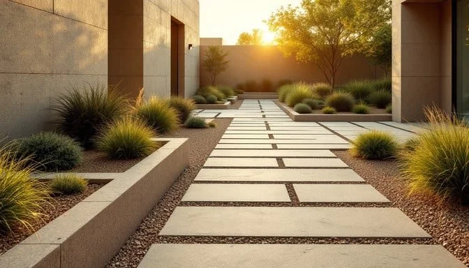 Modern outdoor pathway with concrete slabs and gravel, surrounded by desert plants, leading to a sunset view.