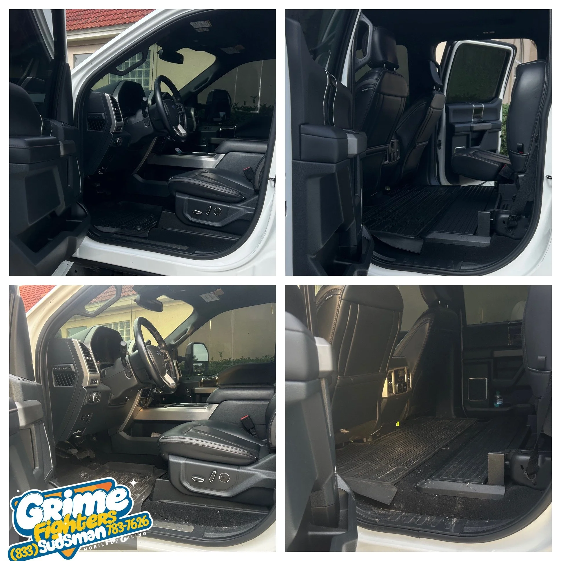 Collage of four images showing the interior of a white pickup truck from different angles, including the front and back seats, with black leather seats and rubber floor mats.