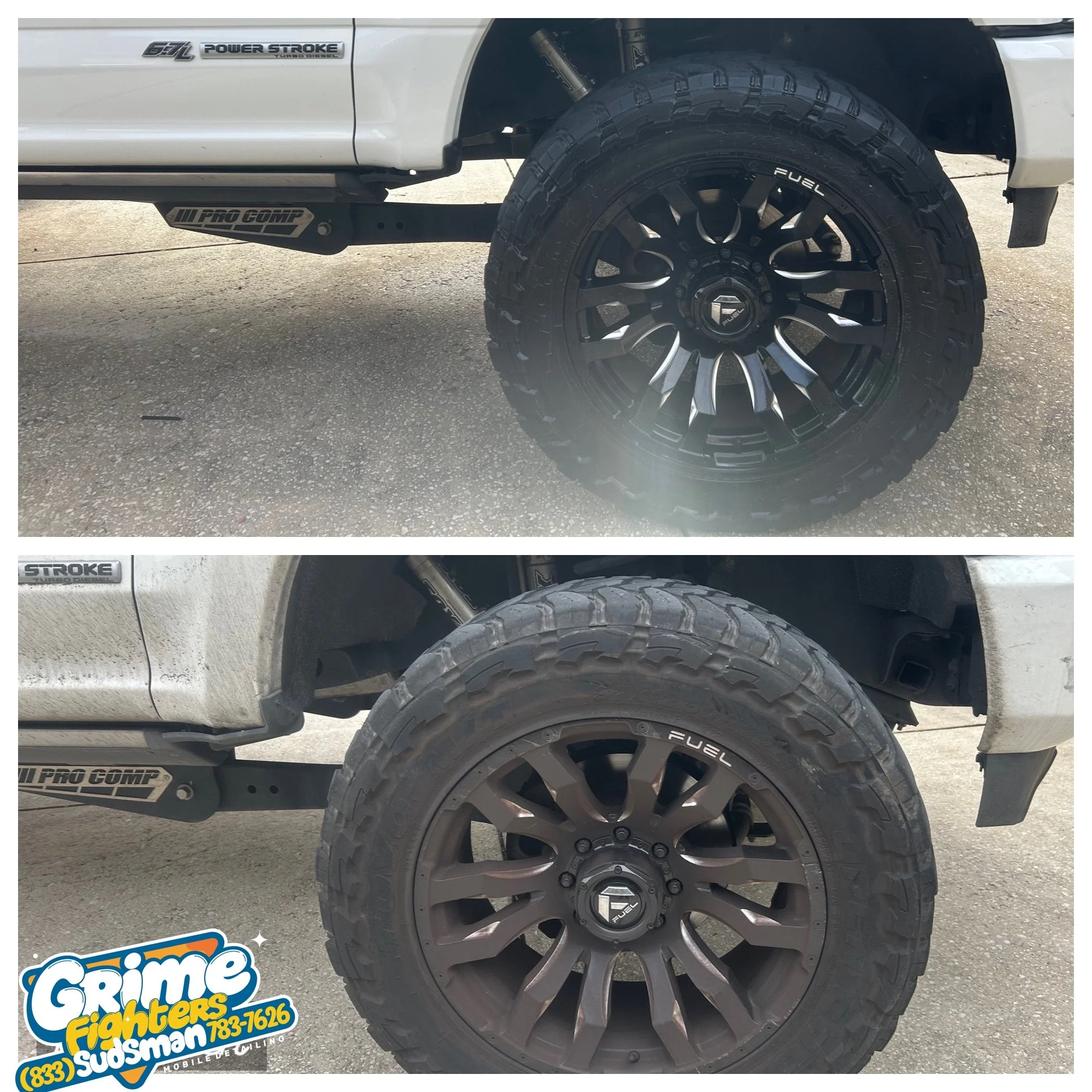 Comparison of a truck wheel before and after upgrading to a larger, black, multi-spoke alloy rim with off-road tires.