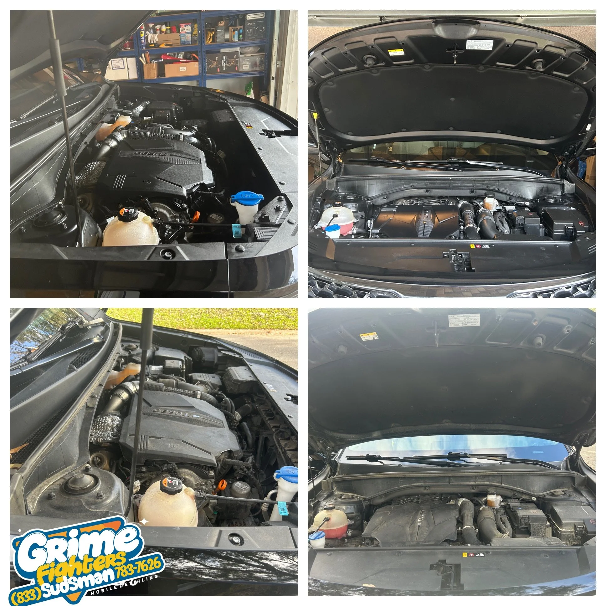 Comparison of four car engine bays, showing two with hood open and two with hood closed.