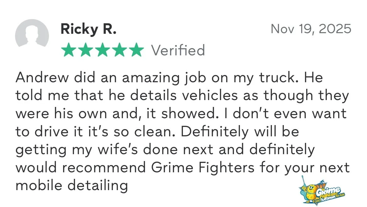A customer review for a vehicle detailing service, dated November 19, 2025, by Ricky R., rated five stars and verified. The review praises Andrew for his excellent work on a truck, highlighting the vehicle's cleanliness and the detail-oriented service provided.