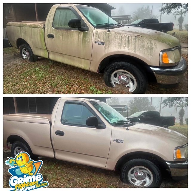 Comparison of two Ford F-150 trucks, with the first model covered in dirt and grime, and the second cleaned and washed, parked on a grassy area outdoors.