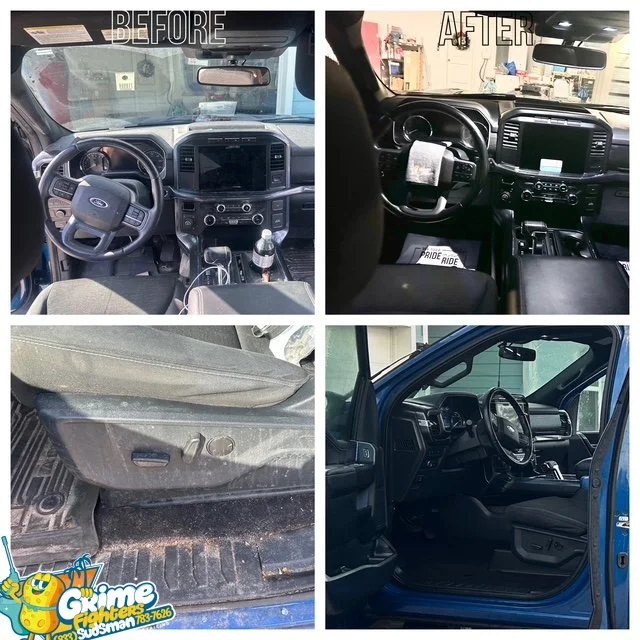 Comparison of vehicle interiors before and after cleaning. The 'before' images show dusty, cluttered car interiors with dirty floors and unkempt seats. The 'after' images display clean, organized vehicle interiors with spotless floors and well-maintained seats.