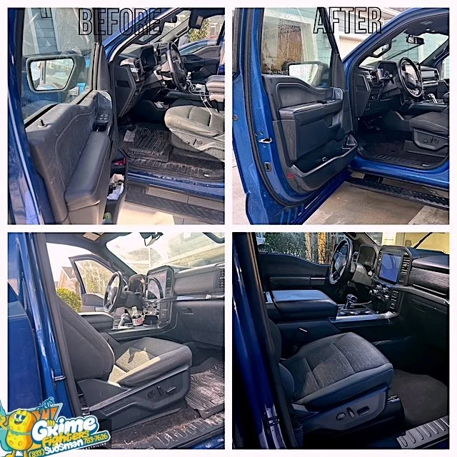 Comparison of the interior of a blue pickup truck before and after cleaning, showing cleaner and more organized interior in the 'after' images.