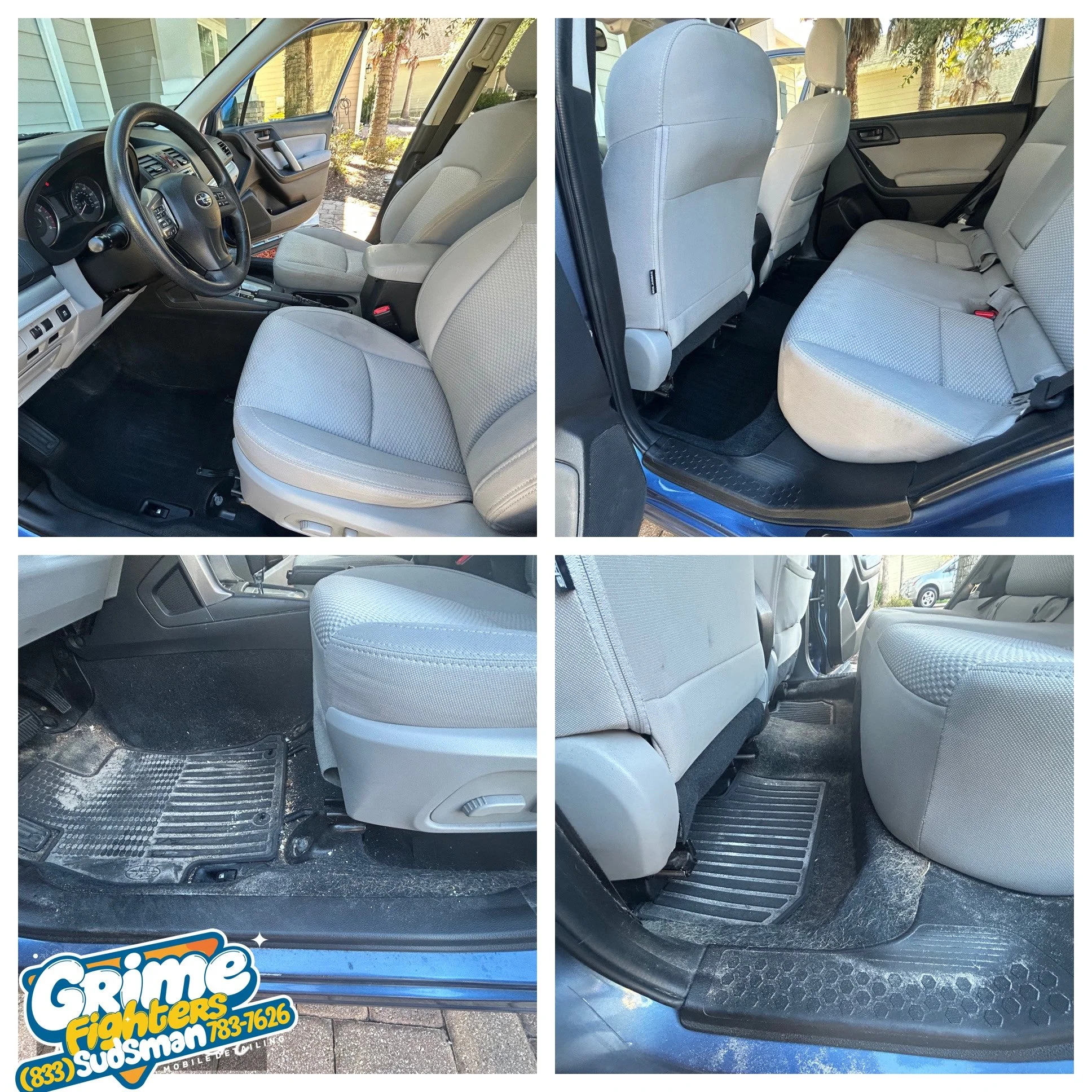 Interior view of a vehicle showing front seats, back seats, and floor mats, with light-colored upholstery and black flooring. The vehicle appears clean and well-maintained.