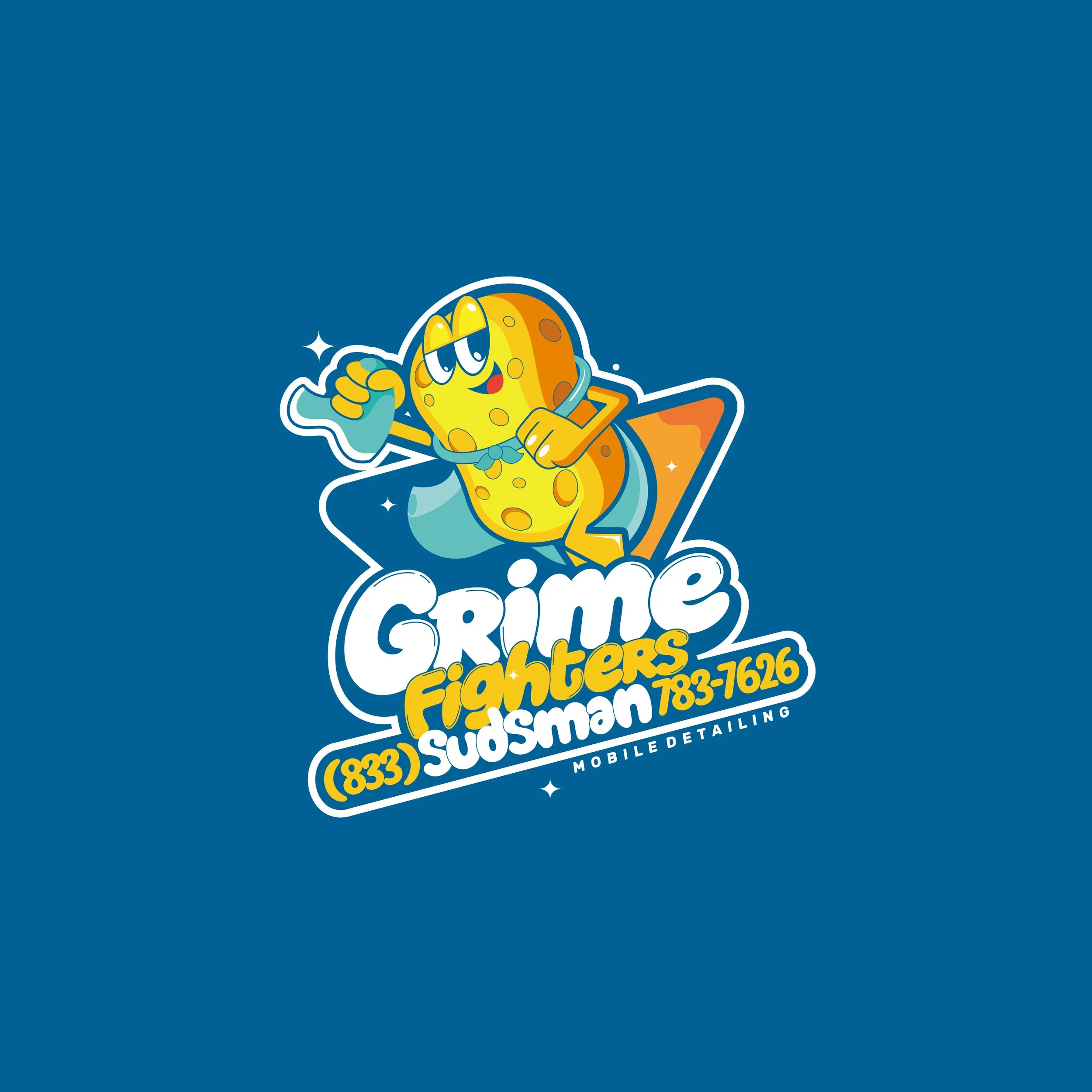 A cartoon character resembling a cheese wedge dressed as a superhero with a cape, smiling, with text advertising 'Crime Fighters Sudsman' and a phone number for mobile detailing services.