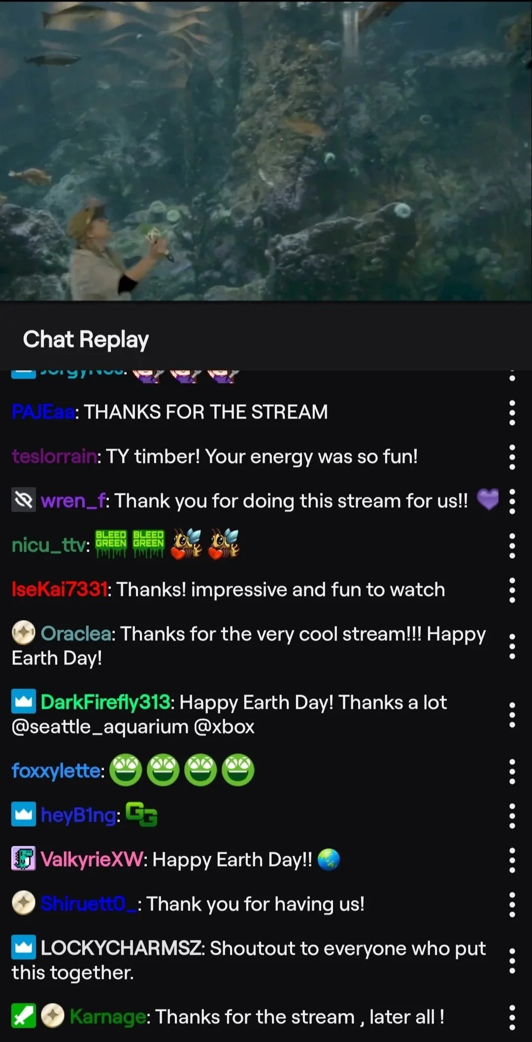 Xbox Twitch chat replay showing final viewer messages at the close of the Xbox Earth Day Seattle Aquarium stream, including "Shoutout to everyone who put this together."
