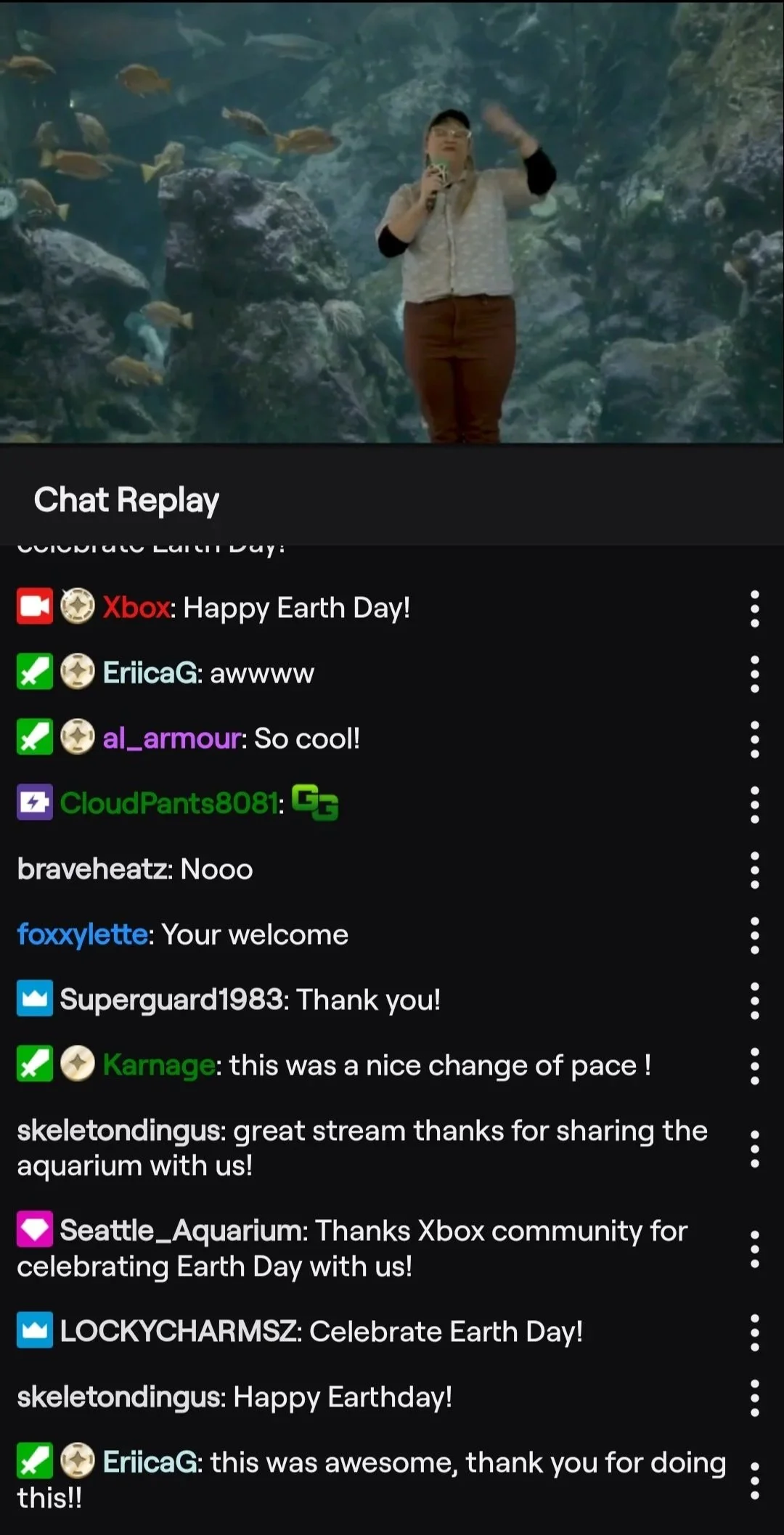 Xbox Twitch chat replay showing the close of the Earth Day stream, with Seattle Aquarium thanking the Xbox community and viewers expressing gratitude for the stream.