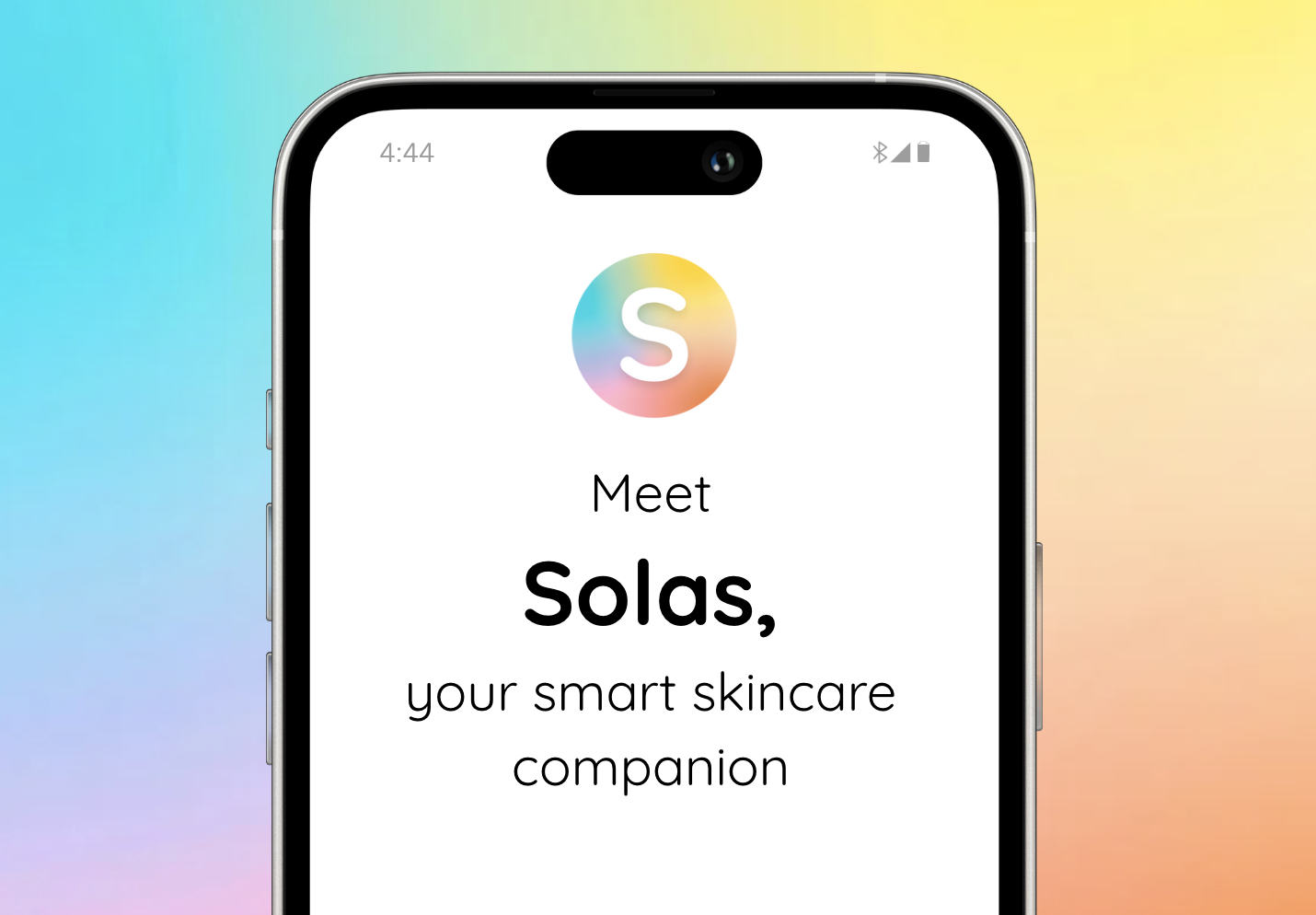 Smartphone screen displaying the Solas skincare app with logo and text, against a pastel gradient background.