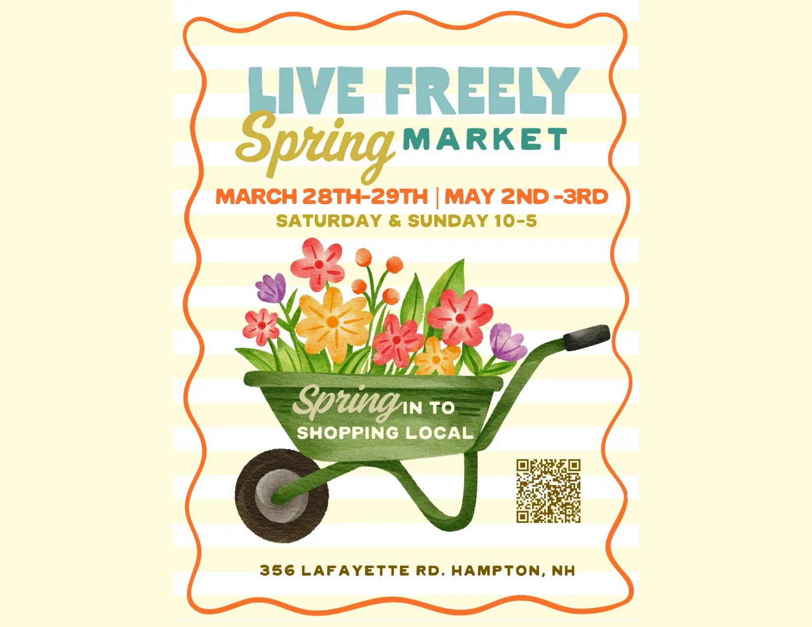Flyer for a spring market event featuring a colorful illustration of a wheelbarrow filled with flowers, with event details such as dates, times, and location in Hampton, New Hampshire.