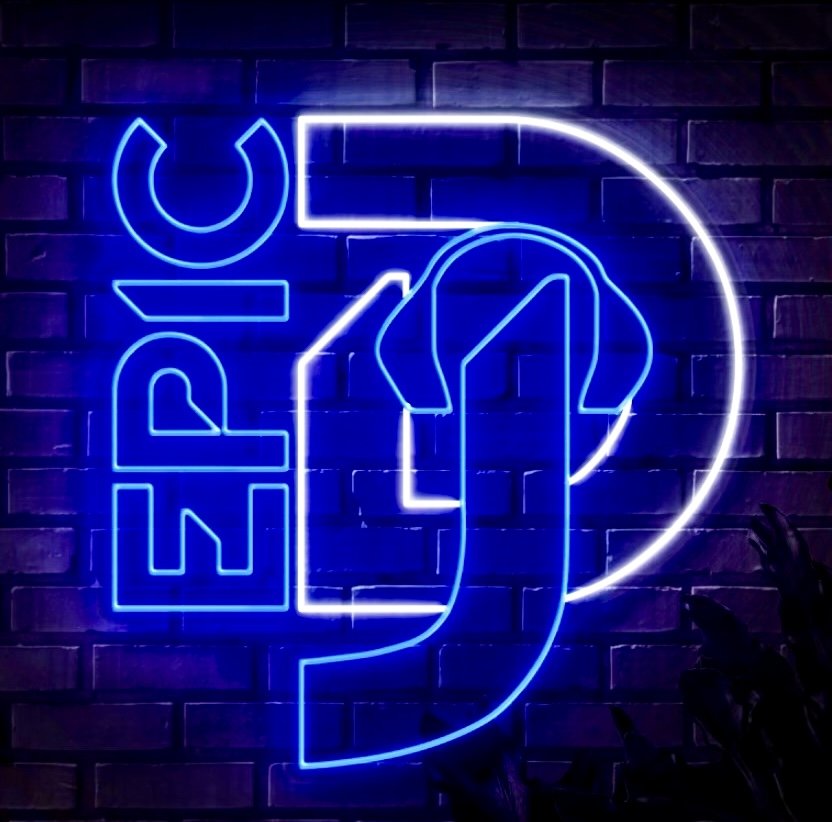Neon sign with the word 'Epic DJ' in blue and white colors on a brick wall background.