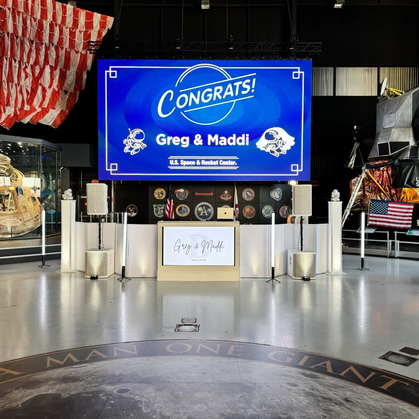 Epic DJ Entertainment's Elite Showstopper Package which includes a large tv display screen, touring class sound system and Shure wireless microphones.