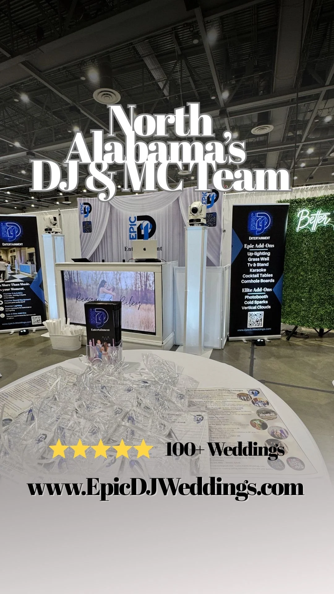 Exhibition booth for Epic DJ & MC Team, North Alabama, showcasing DJ equipment and entertainment services, with promotional banners and a decorated table with glasses and information flyers, at a conference or expo center.