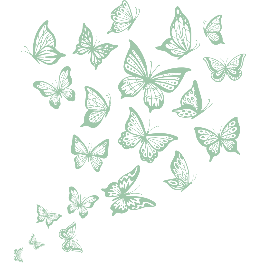 Illustration of light green butterflies with intricate wing patterns, flying against a black background.