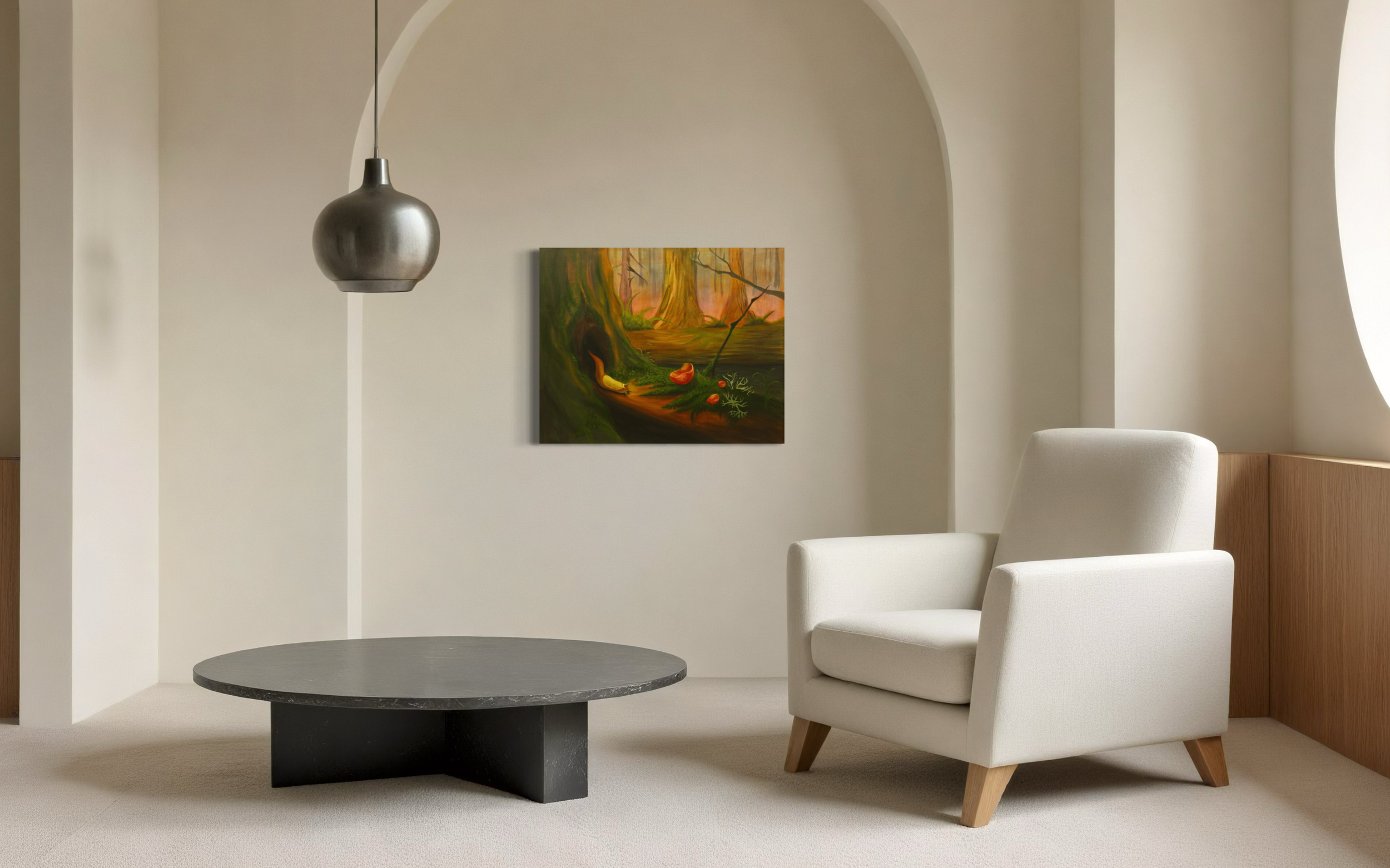 The Keeper of Small Worlds, an acrylic forest painting by Cee, displayed above a white armchair in a contemporary living room.