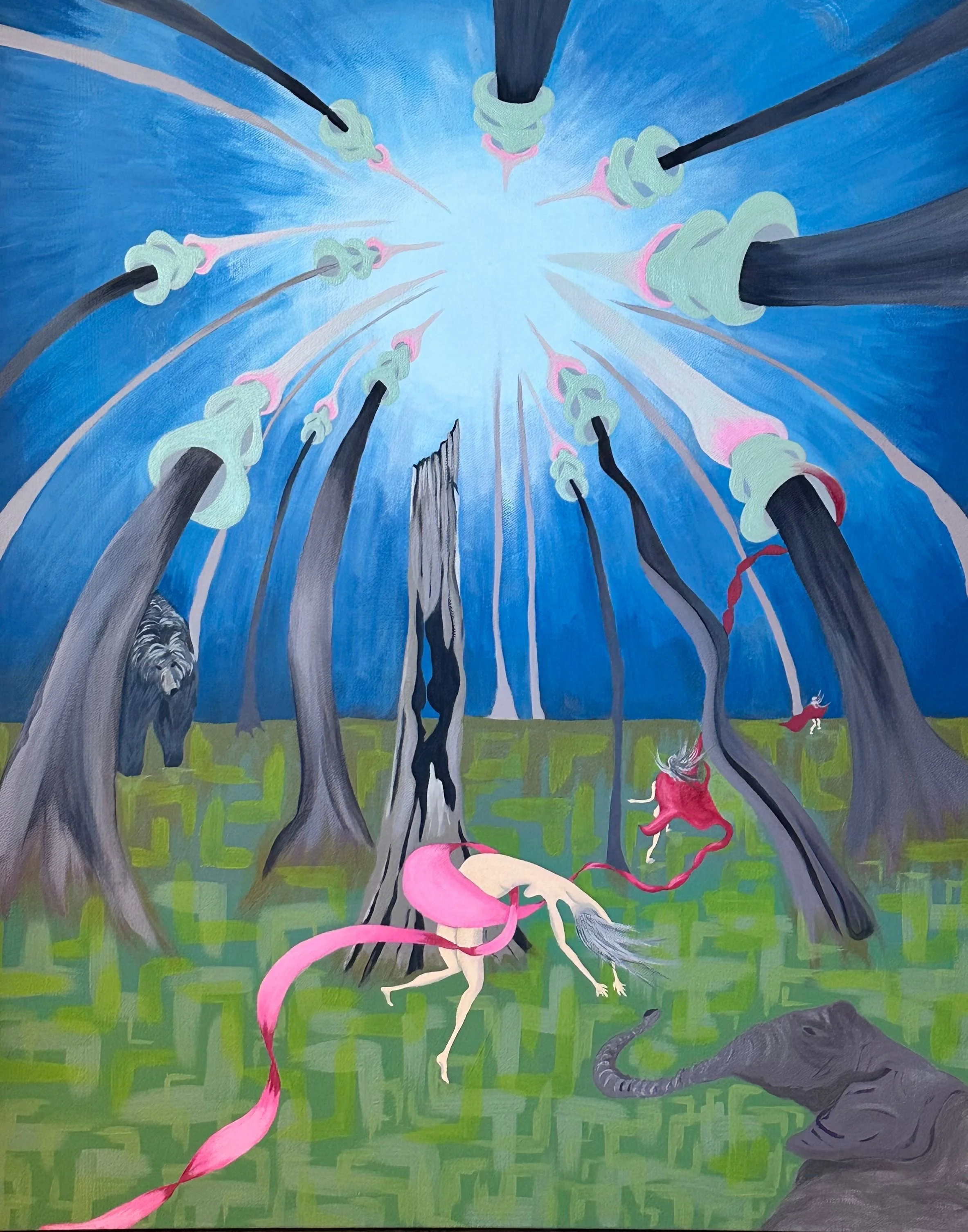 Series Title: UNSTOPPABLE. 3 - Letting Go. Acrylic on canvas, 30 x 24 inches.
A woman enters a forest path, unknowingly accompanied by a burden—an elephant, absurd in scale yet full of empathy. As she moves through these surreal trails, the fore