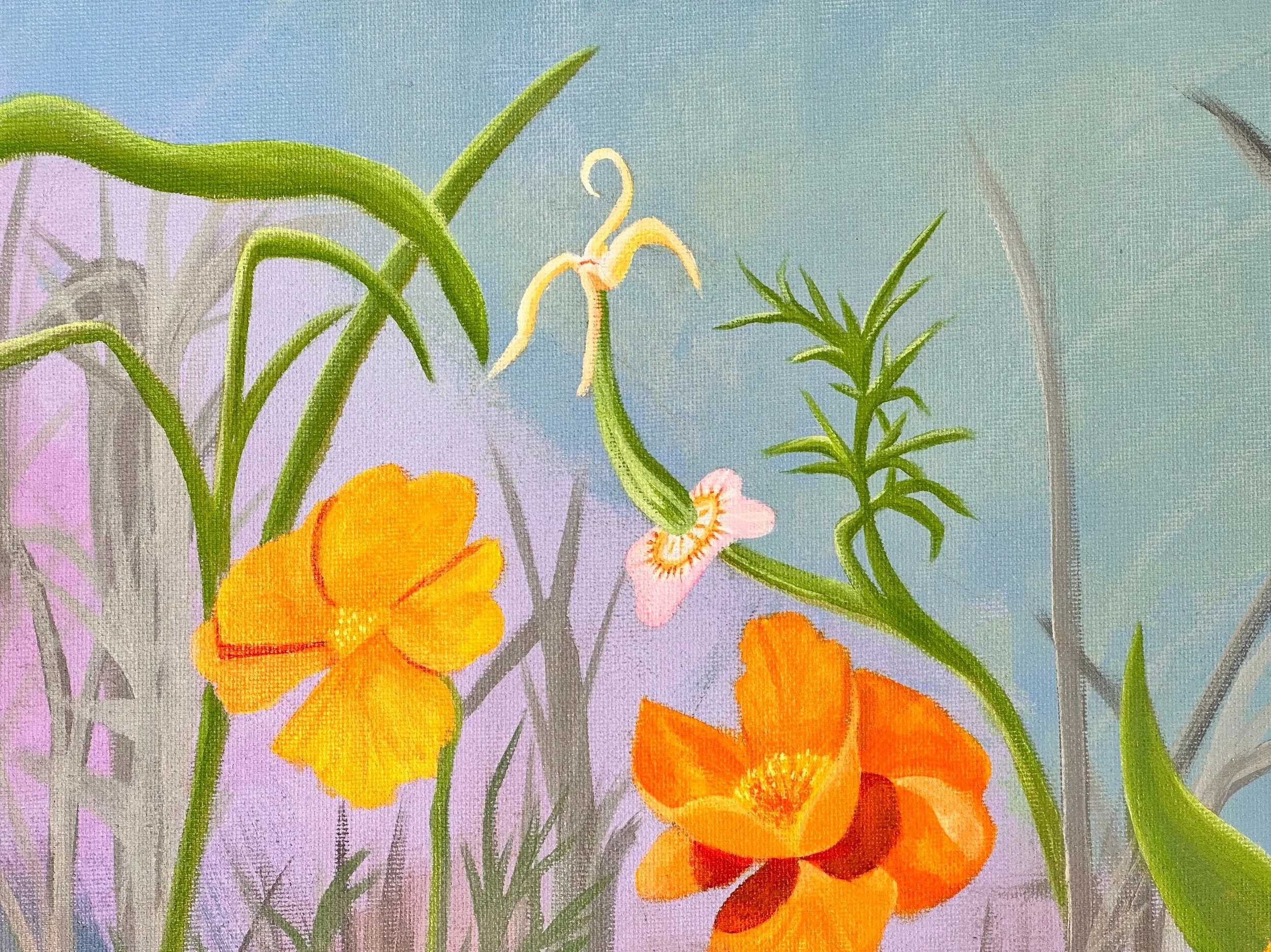 They Flourish - Not Available.
Acrylic on canvas, 10 x 10 inches.
Golden petals flare against shifting skies; these California poppies bloom defiantly along BC's coast. They thrive in sun-baked soil, persisting through drought and flame.