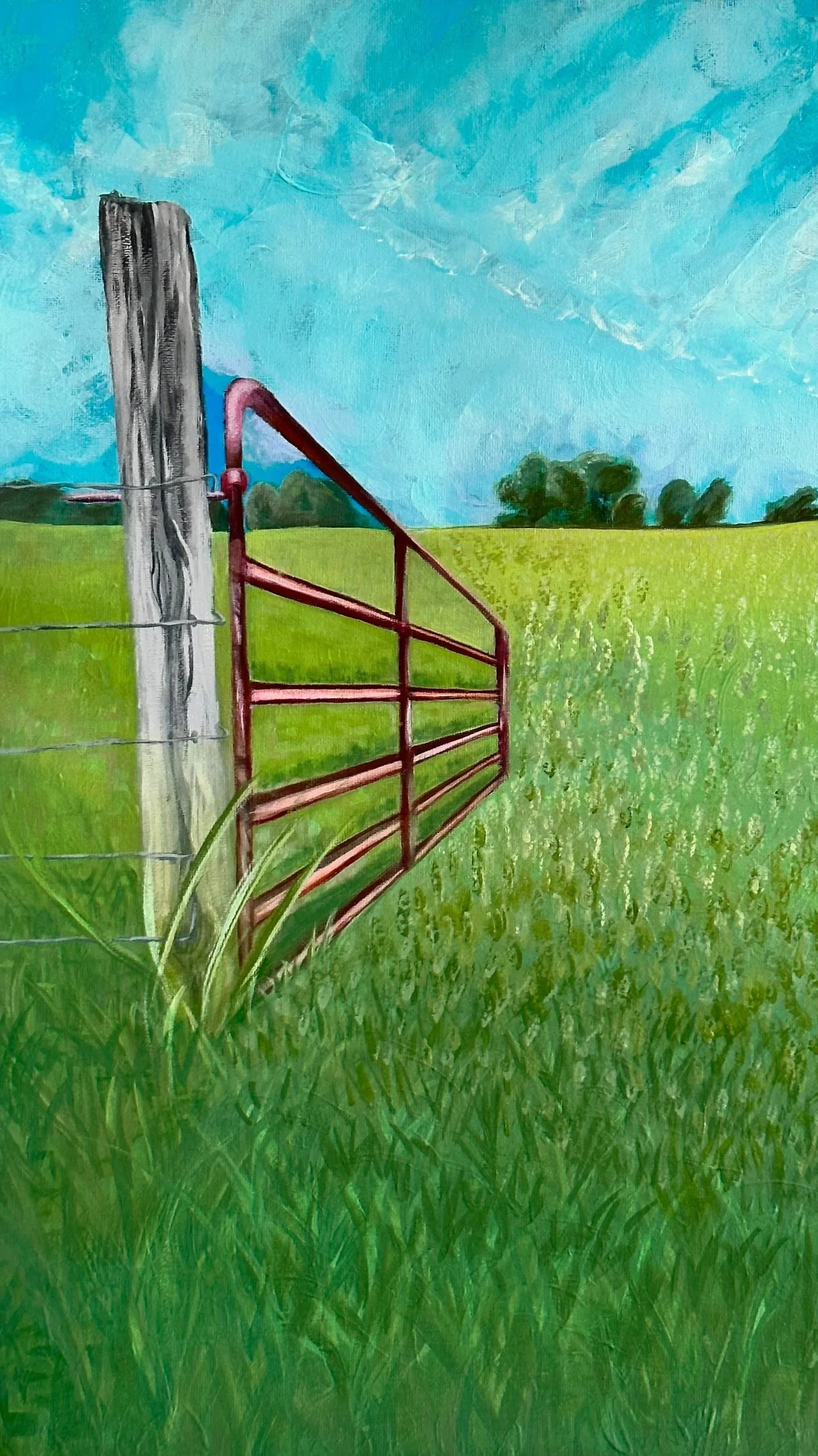 Somewhere In…. - In Private Collection.
Acrylic on canvas, 24 x 18 inches.
'Somewhere in...' invites the viewer to pause at an open gate — a gesture of welcome, wonder, and wandering. With sky stretched wide and grasses whispering in the breez