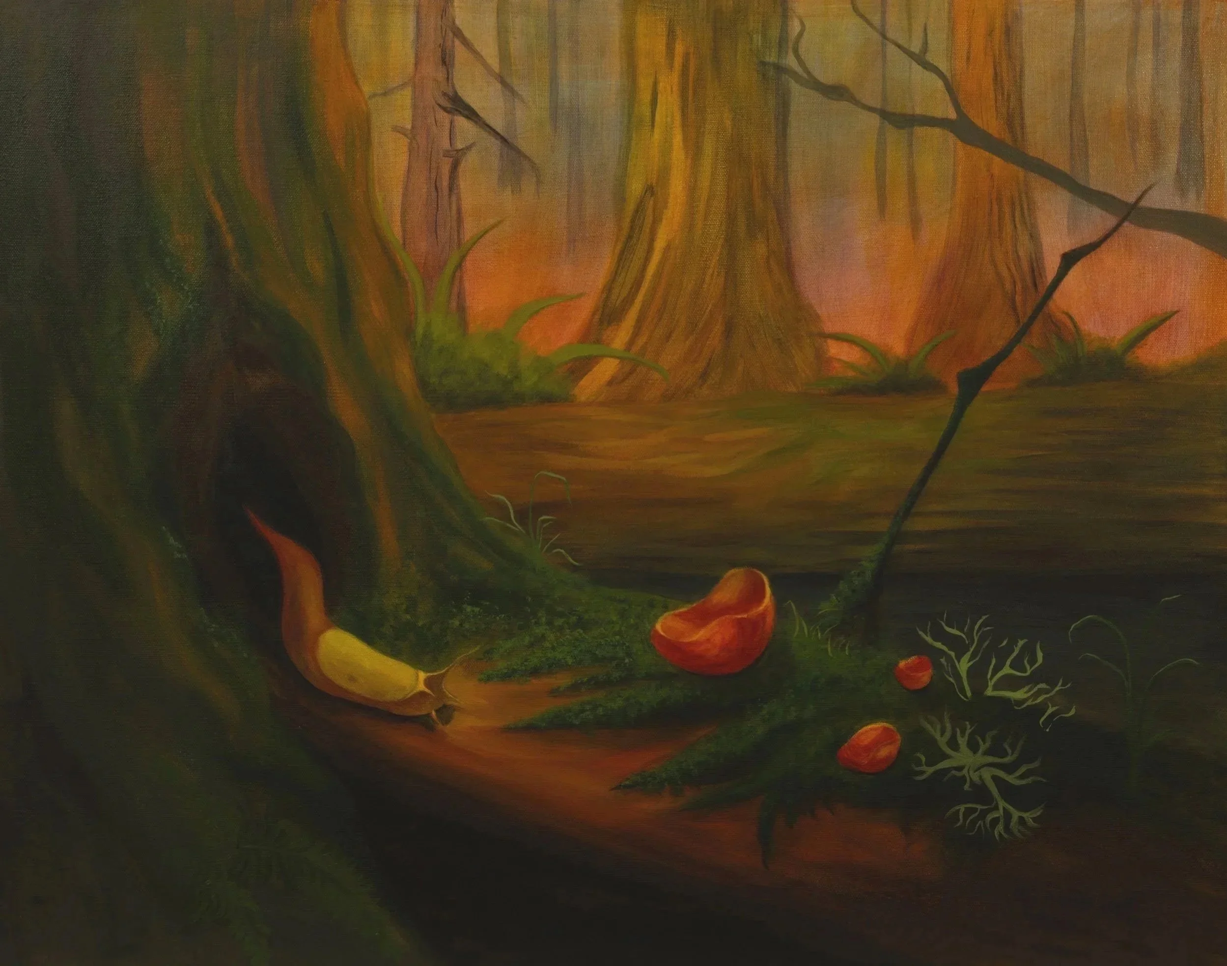 The Keeper of Small Worlds by Cee, an original acrylic painting of a coastal forest with towering trees, mossy undergrowth and banana slugs on the forest floor.