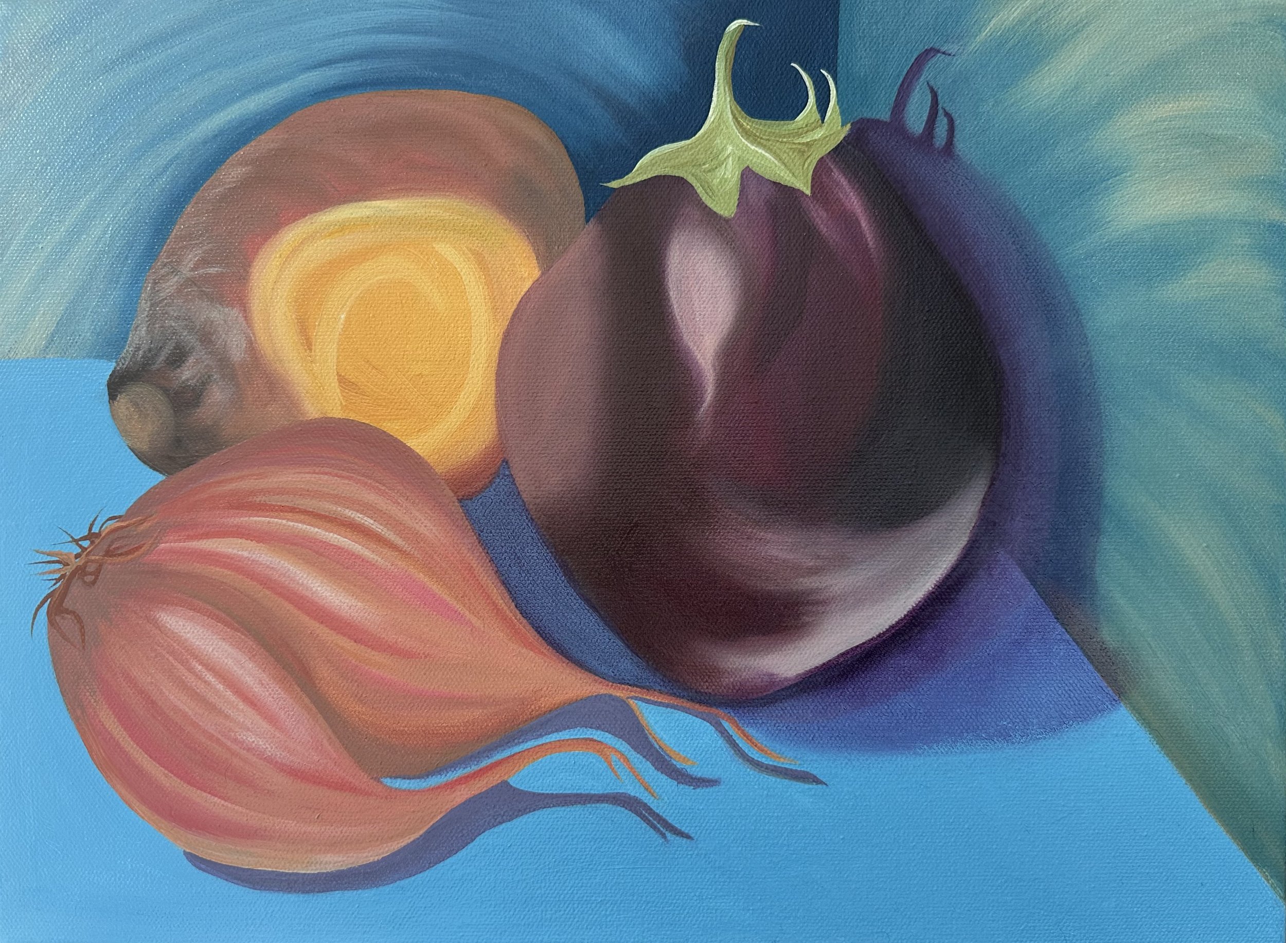 Still Life for a Northern Immune System.
Oil on canvas. 12 x 16 inches.
Golden beet, aubergine, and shallot — a trio of antioxidant-rich ingredients grown on Canadian soil. Their presence is more than nutritional: each form hums with warmth, c