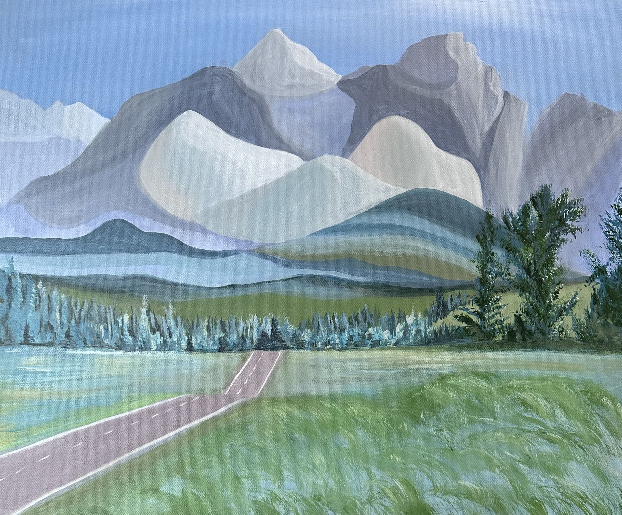 Take a Journey Without Destination (sold).
Acrylic on canvas, 20 x 24 inches.
Inspired by Alberta’s storied open roads, this piece invites the viewer to surrender to motion — not for where it leads, but for the quiet revelations along the way. W