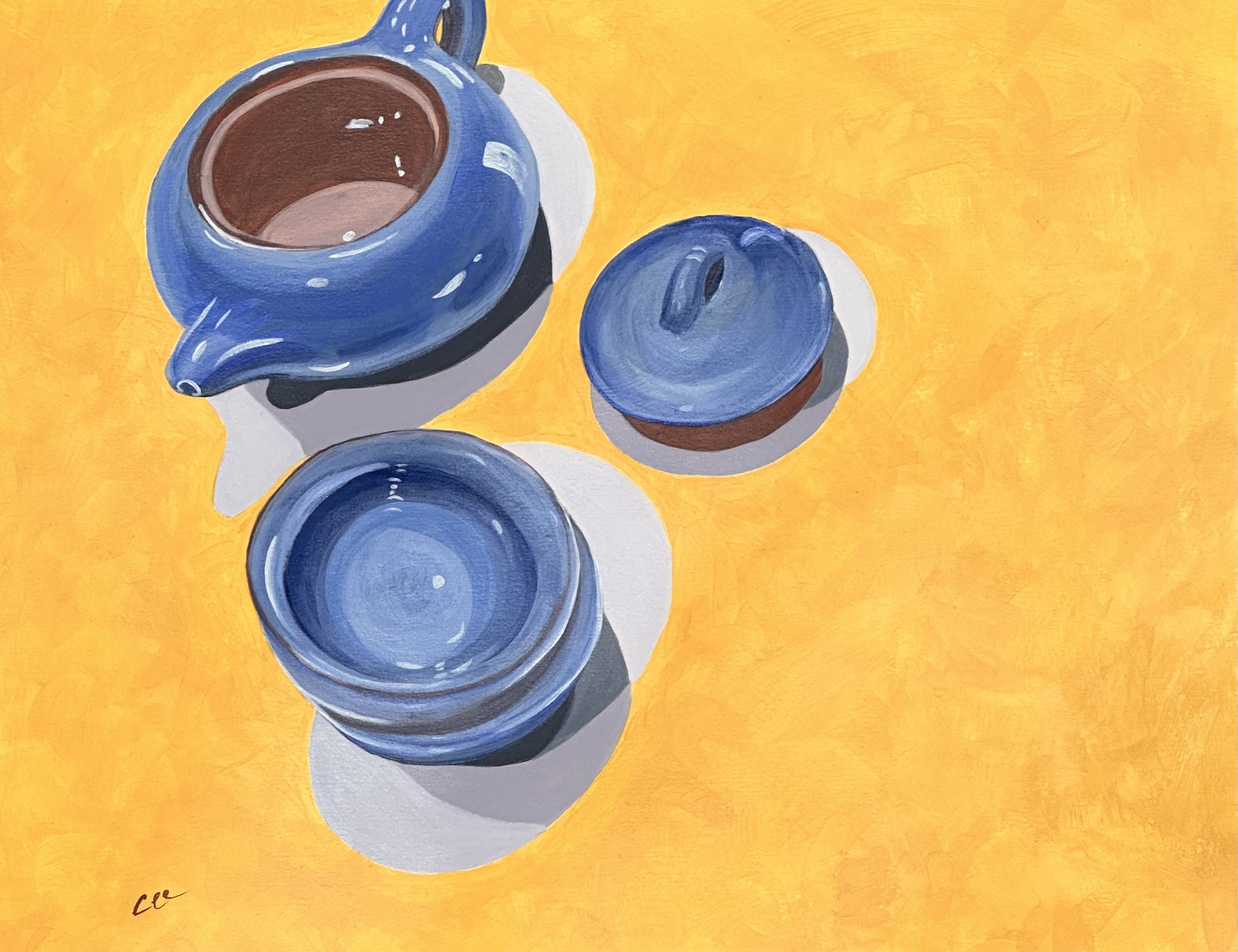 Two for Tea (Sold).
Acrylic on Magnani Paper, 11 x 14 inches.
Two for Tea invites us into a moment of domestic ritual and quiet geometry. The elevated vantage point and sunlit composition celebrate the intimacy of shared routines.