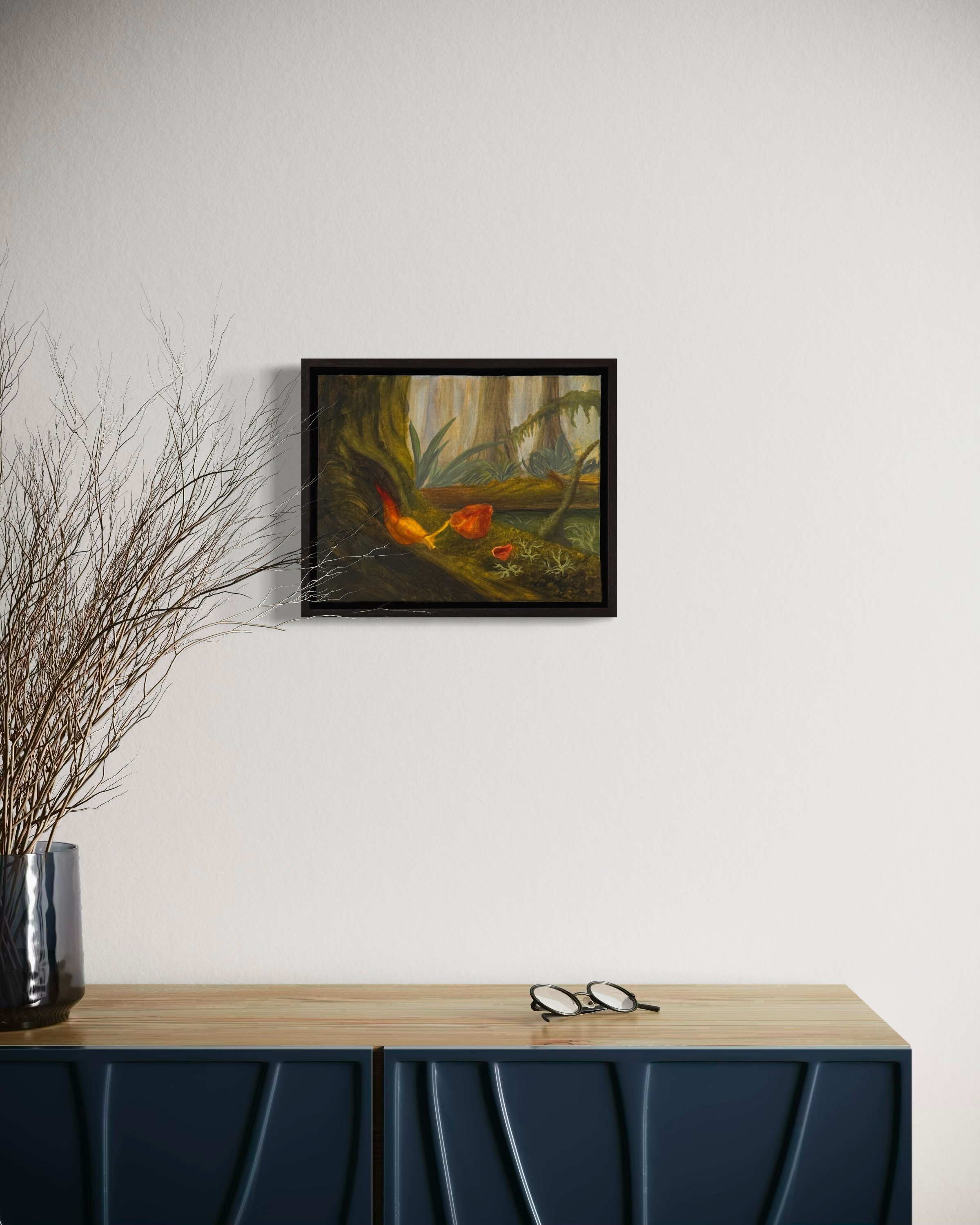 From the Mossy Hollow, an original oil painting by Cee featuring banana slugs in a coastal rainforest, displayed in a black frame above a dark blue cabinet.