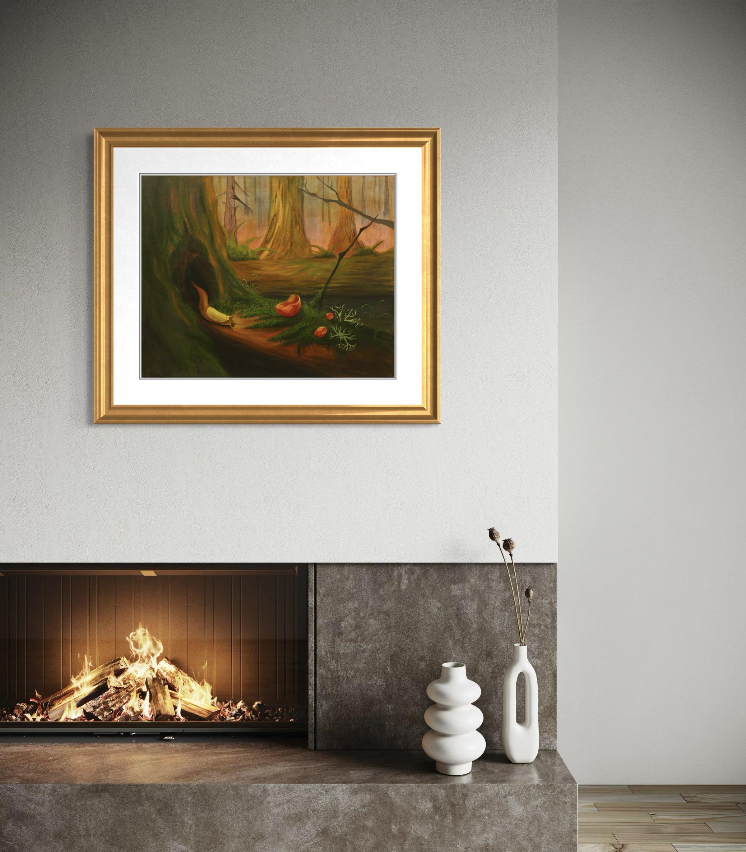 The Keeper of Small Worlds, an acrylic painting depicting a lush forest scene, shown in a gold frame on a white gallery wall.
