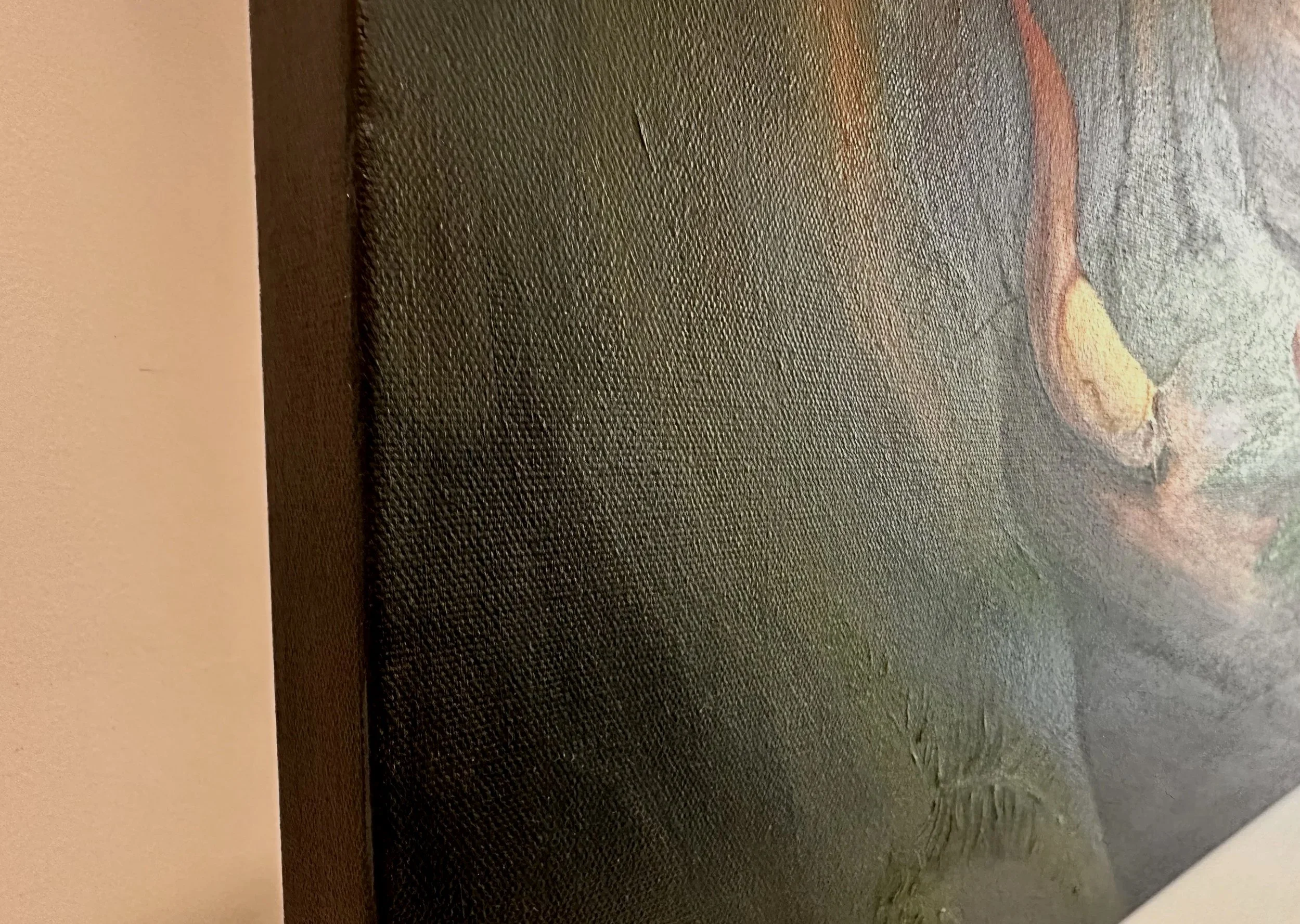 Angled close-up of The Keeper of Small Worlds by Cee, showing the painting's canvas edge, surface texture and layered forest colours.