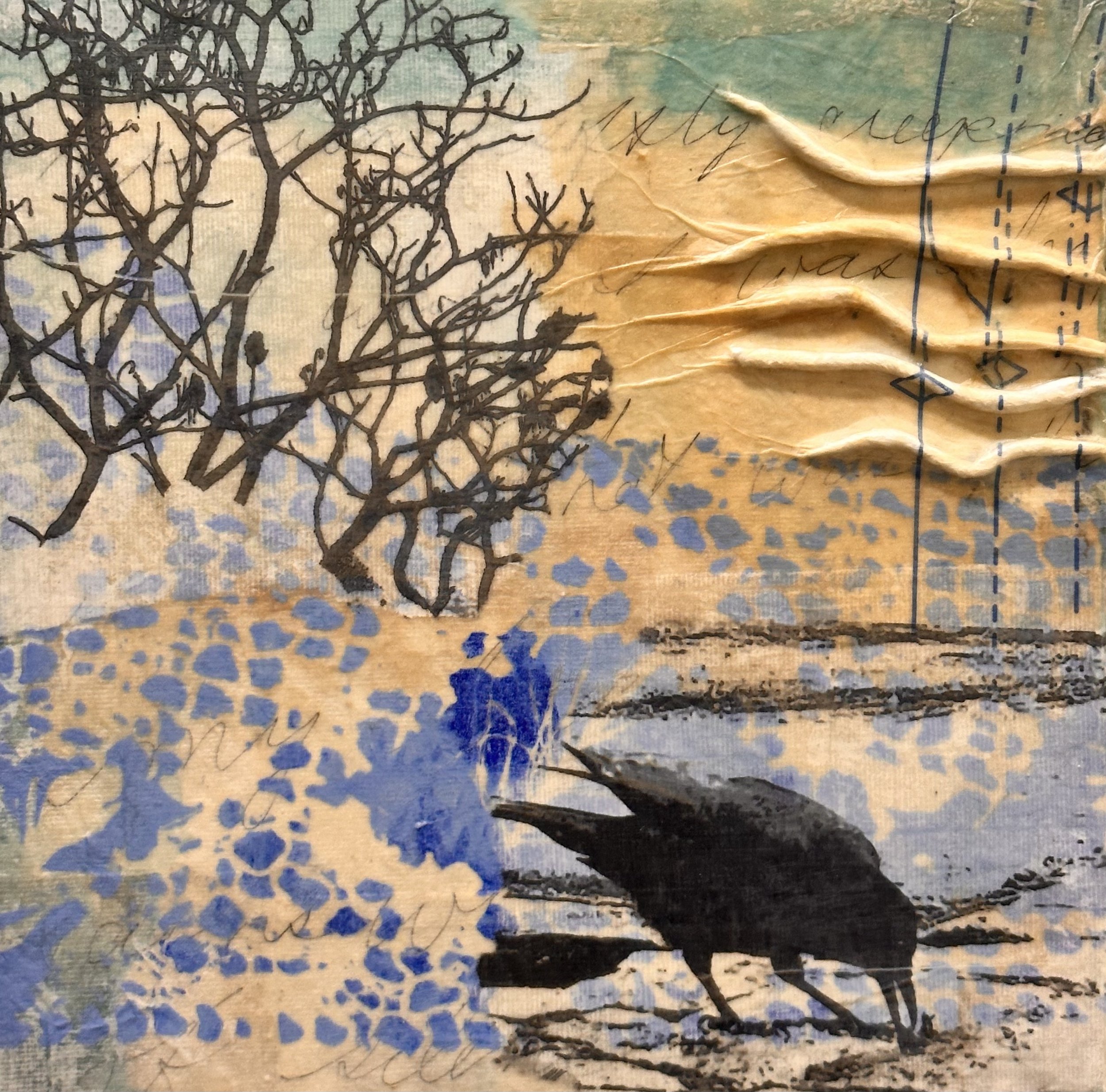 Stories in the Wind (sold).
Mixed media collage on canvas, 10 x 10 inches.
This layered composition weaves fragments of memory and meaning through rice paper, mulberry textures, photo transfers, and hidden lyrics from Simon & Garfunkel's "The So