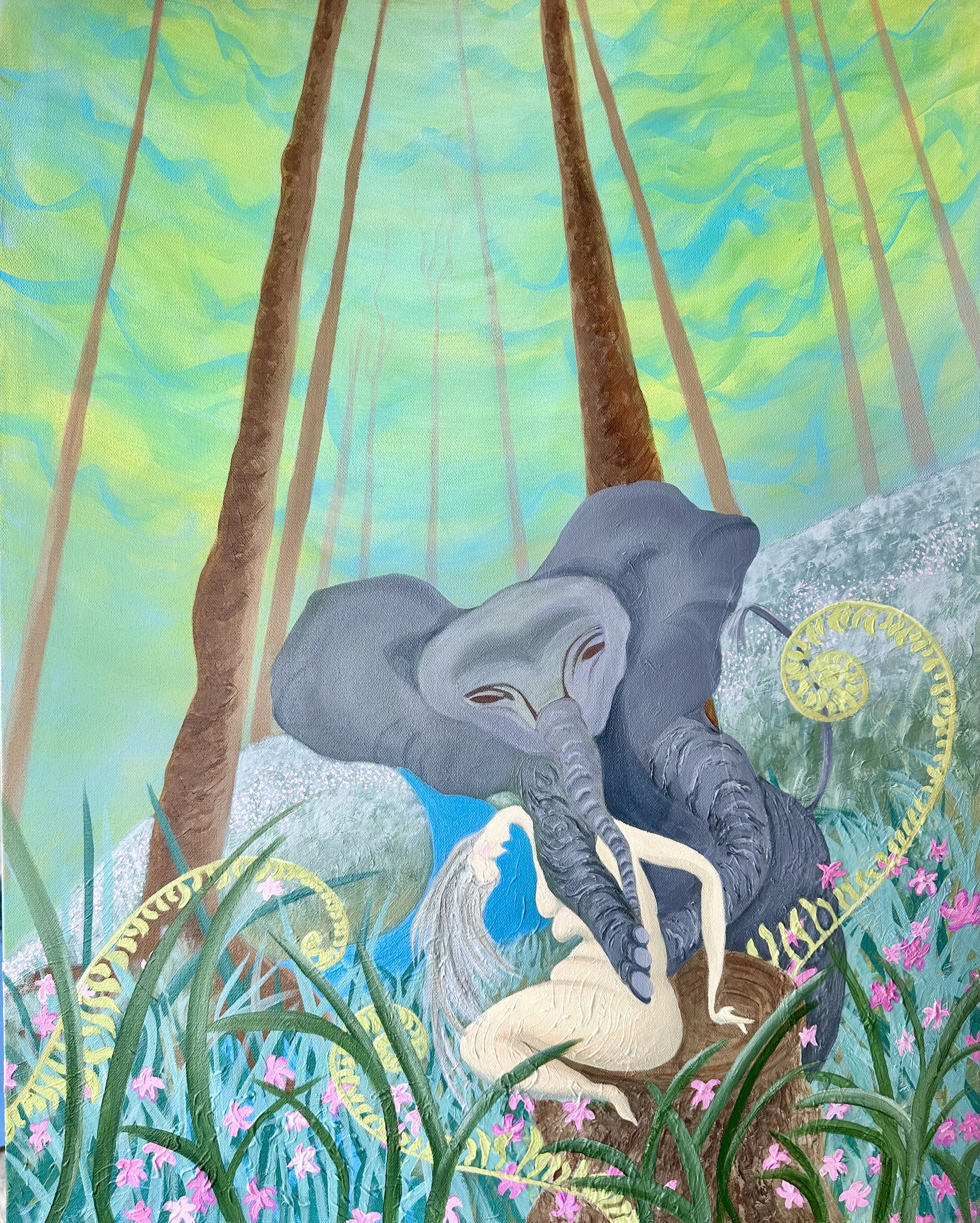 Series Title: UNSTOPPABLE. 2 - Burden. Acrylic on canvas, 30 x 24 inches.
A woman enters a forest path, unknowingly accompanied by a burden—an elephant, absurd in scale yet full of empathy. As she moves through these surreal trails, the forest e