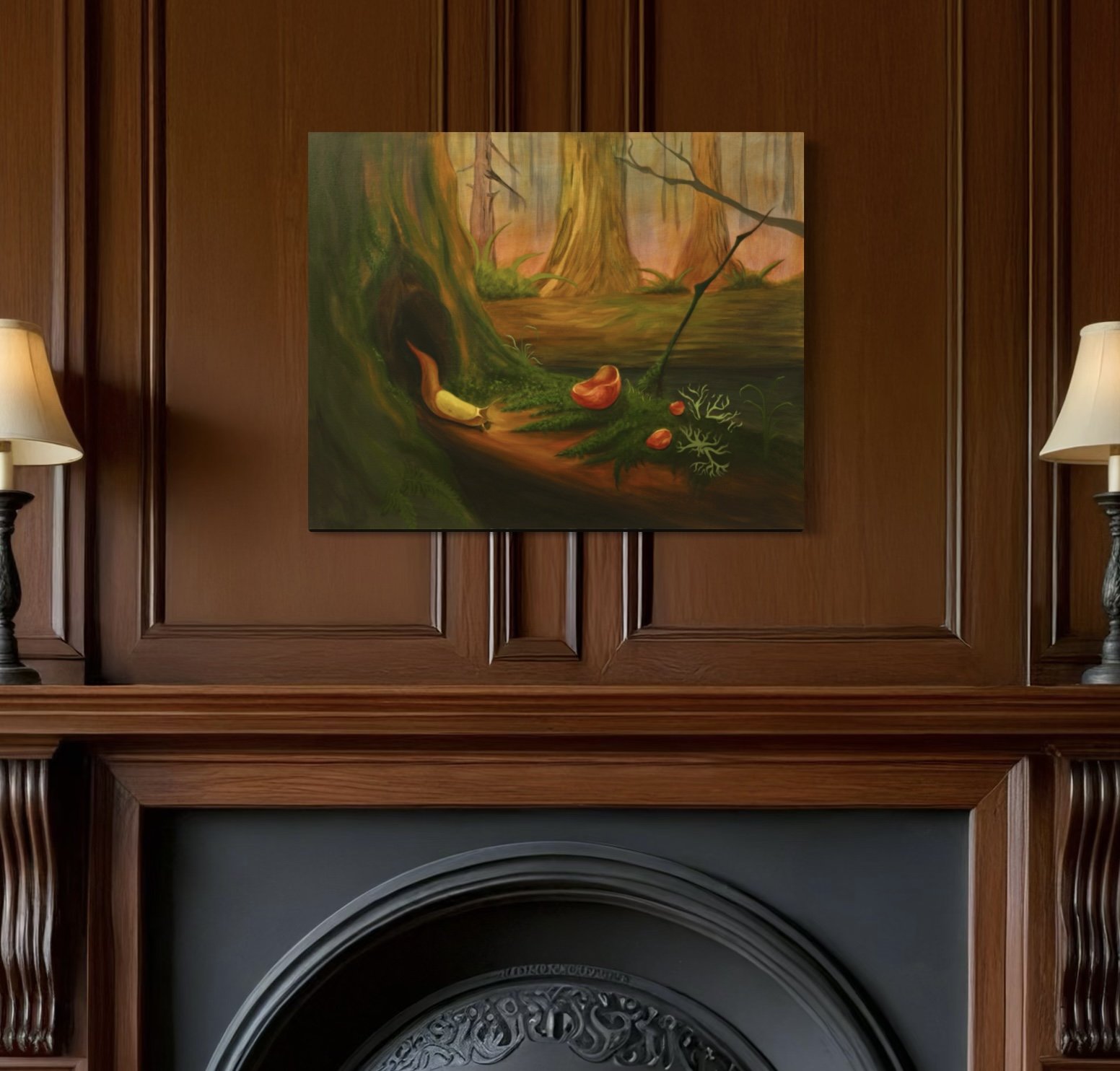 The Keeper of Small Worlds, an acrylic forest painting by Cee, displayed above a black fireplace surrounded by dark wood panelling.