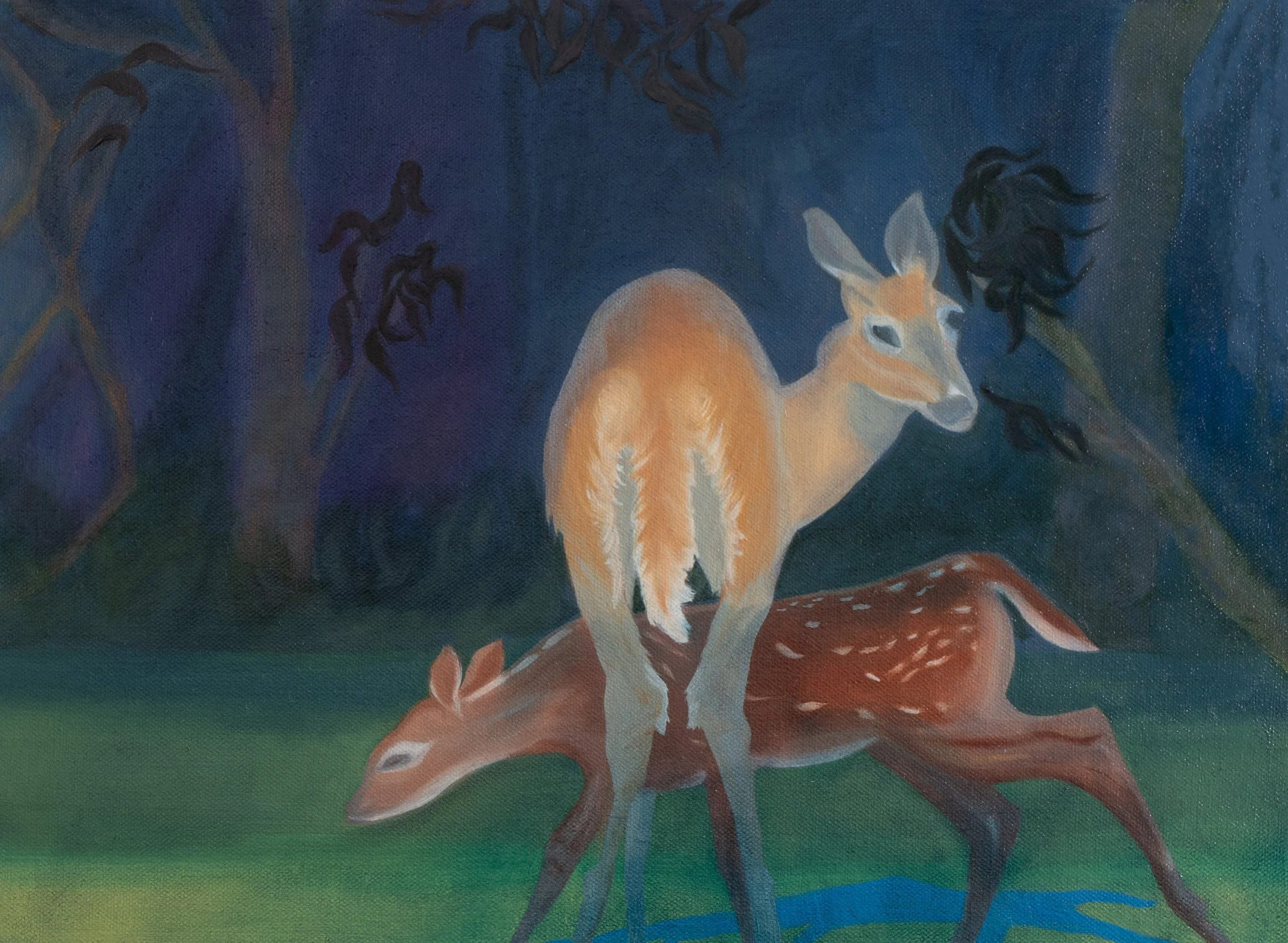CAD $330 + shipping.  Sheltered.  

Oil on canvas, 12 x 16 inches.
A quiet bond in the wild.  White-tailed deer of Western Canada move through shadow and light in a fragile forest world.