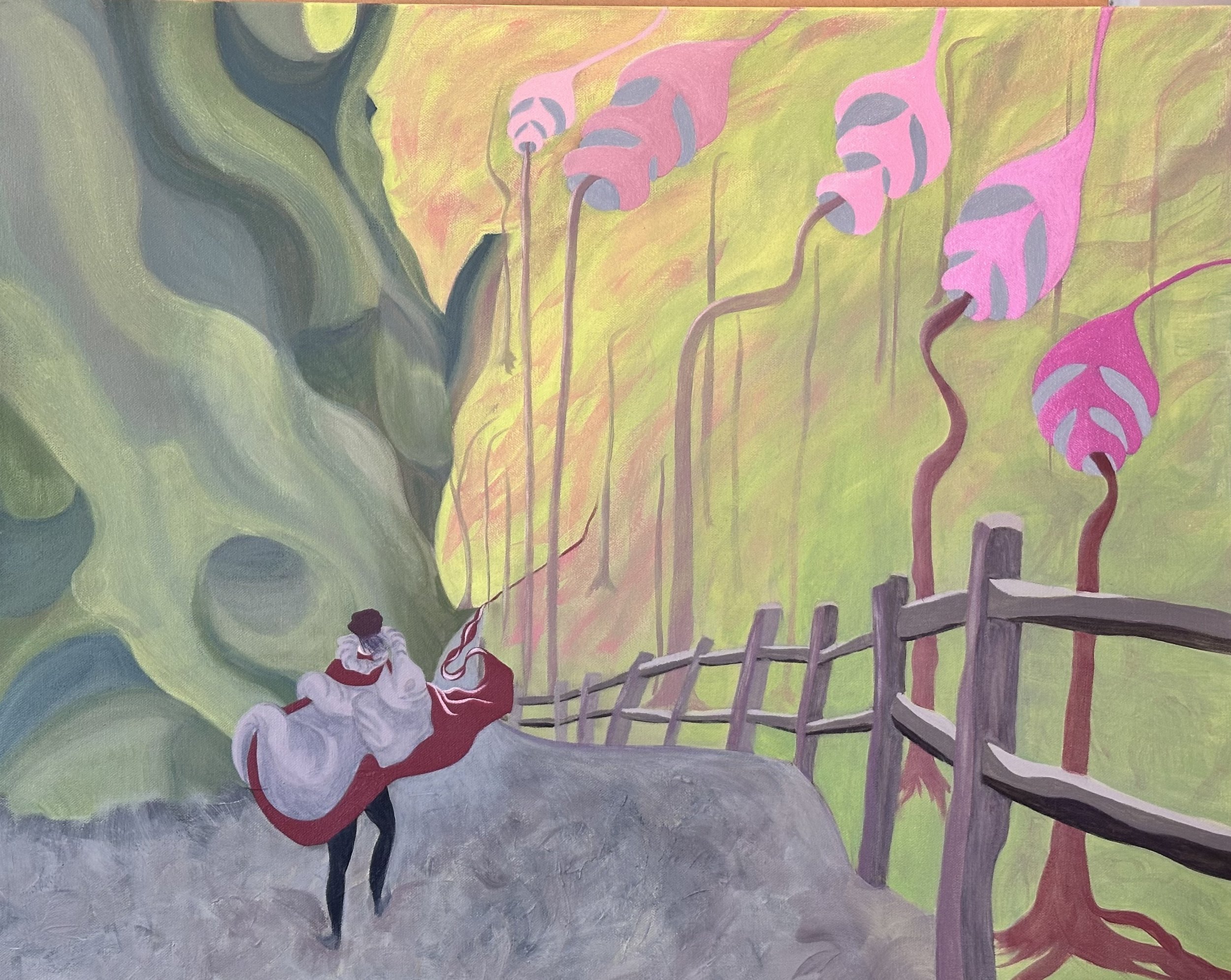 Series Title: UNSTOPPABLE. 1 - Into the Woods. Acrylic on canvas, 24 x 30 inches.
A woman enters a forest path, unknowingly accompanied by a burden—an elephant, absurd in scale yet full of empathy. As she moves through these surreal trails, the