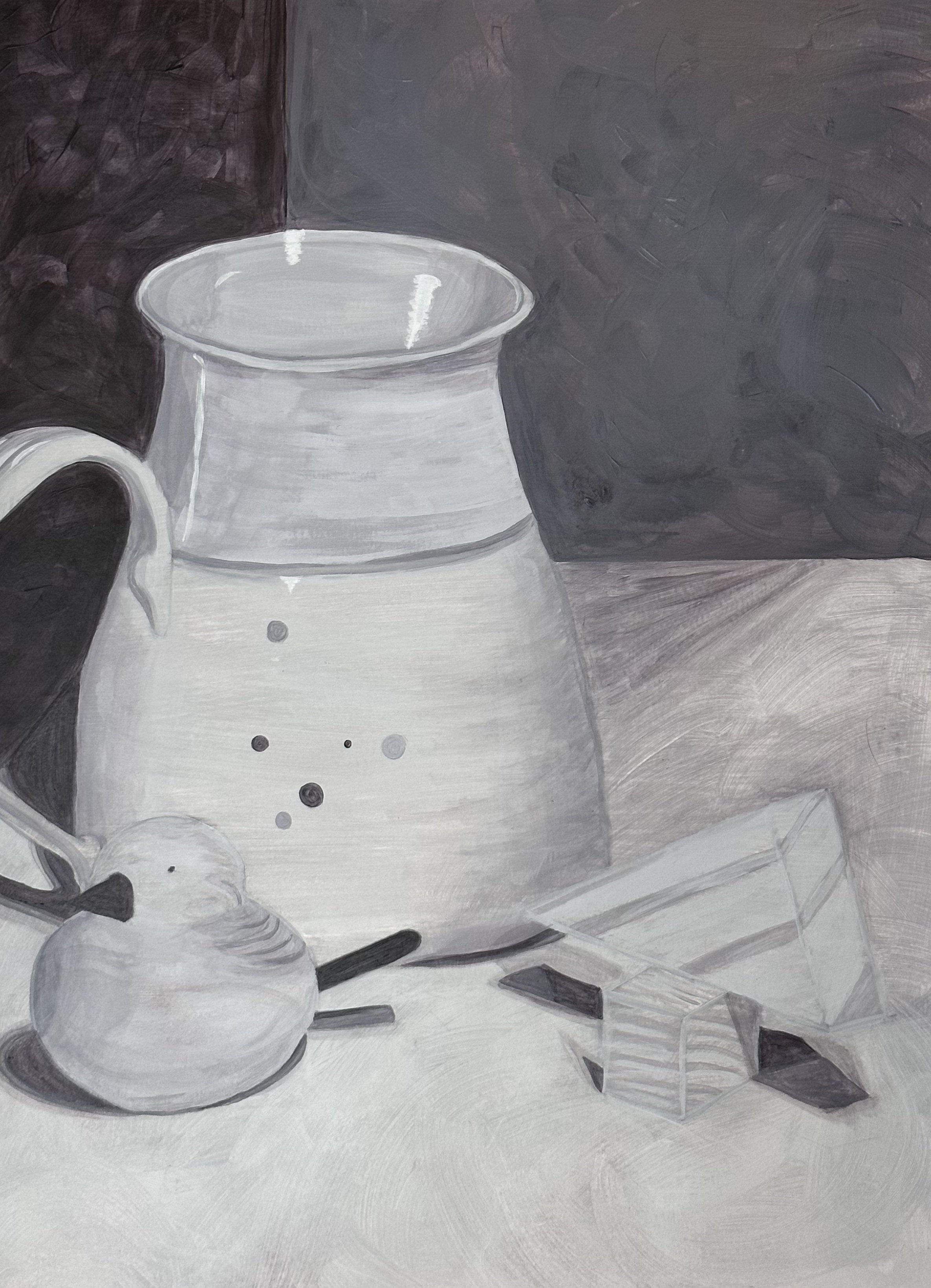 Ceramic and Wood.
Acrylic on Bristol Paper, 24 x 18 inches.
This quiet still life is a study in tonal harmony and material simplicity. A ceramic cup; wooden bird, triangle and cube indicate the beauty of restraint and the calm presence of famil