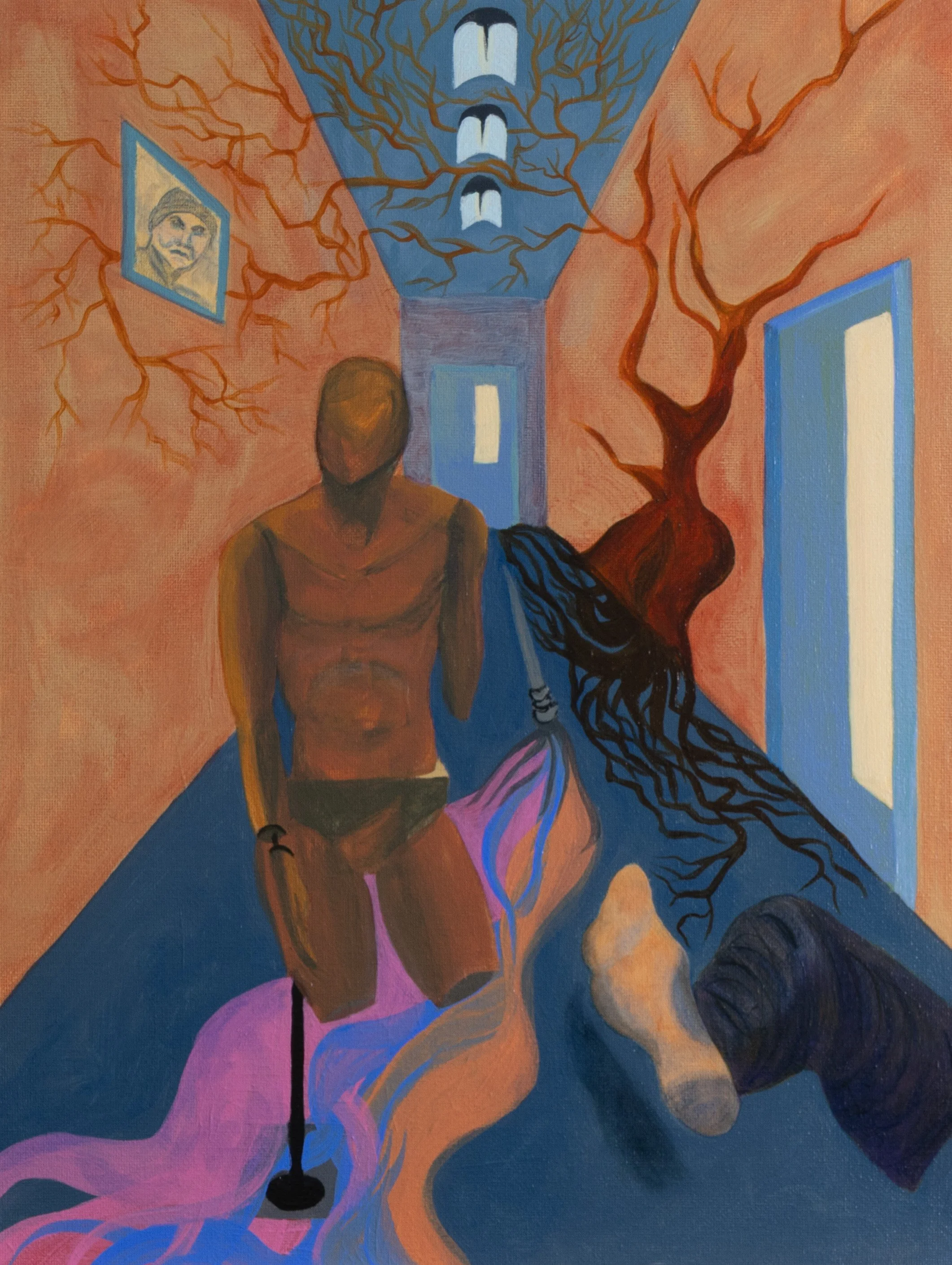 Under Her Watching:  An incomplete artist forms beneath her watchful presence.  Acrylic on canvas board, 16 x 12 inches.
