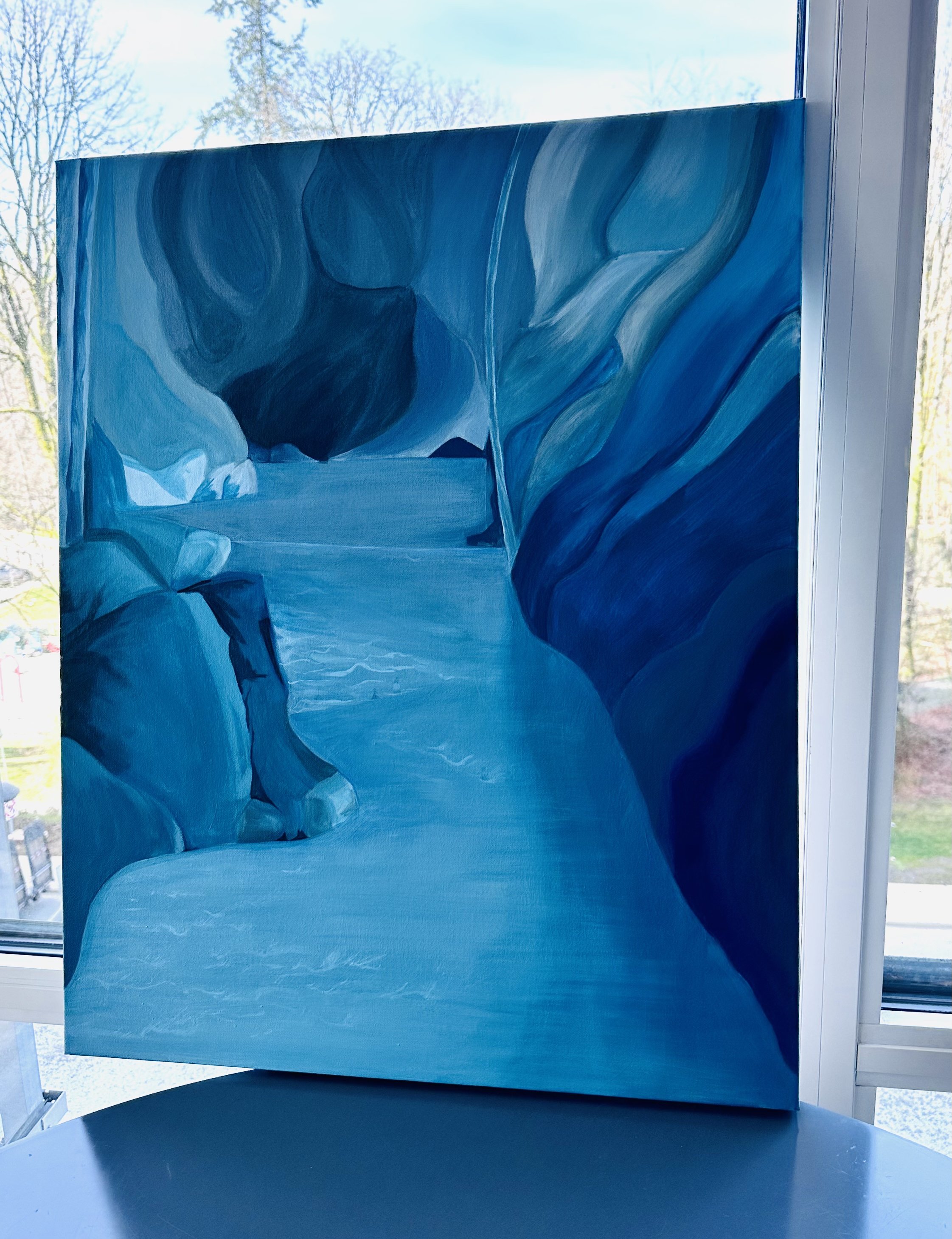 Pulse (sold).
Acrylic on canvas, 30 x 24 inches.
A quiet rhythm flows through this monochrome view of the Seymour River — the same waters that once bore the burden of a landslide’s destruction and the resilience of salmon carried by truck to rea