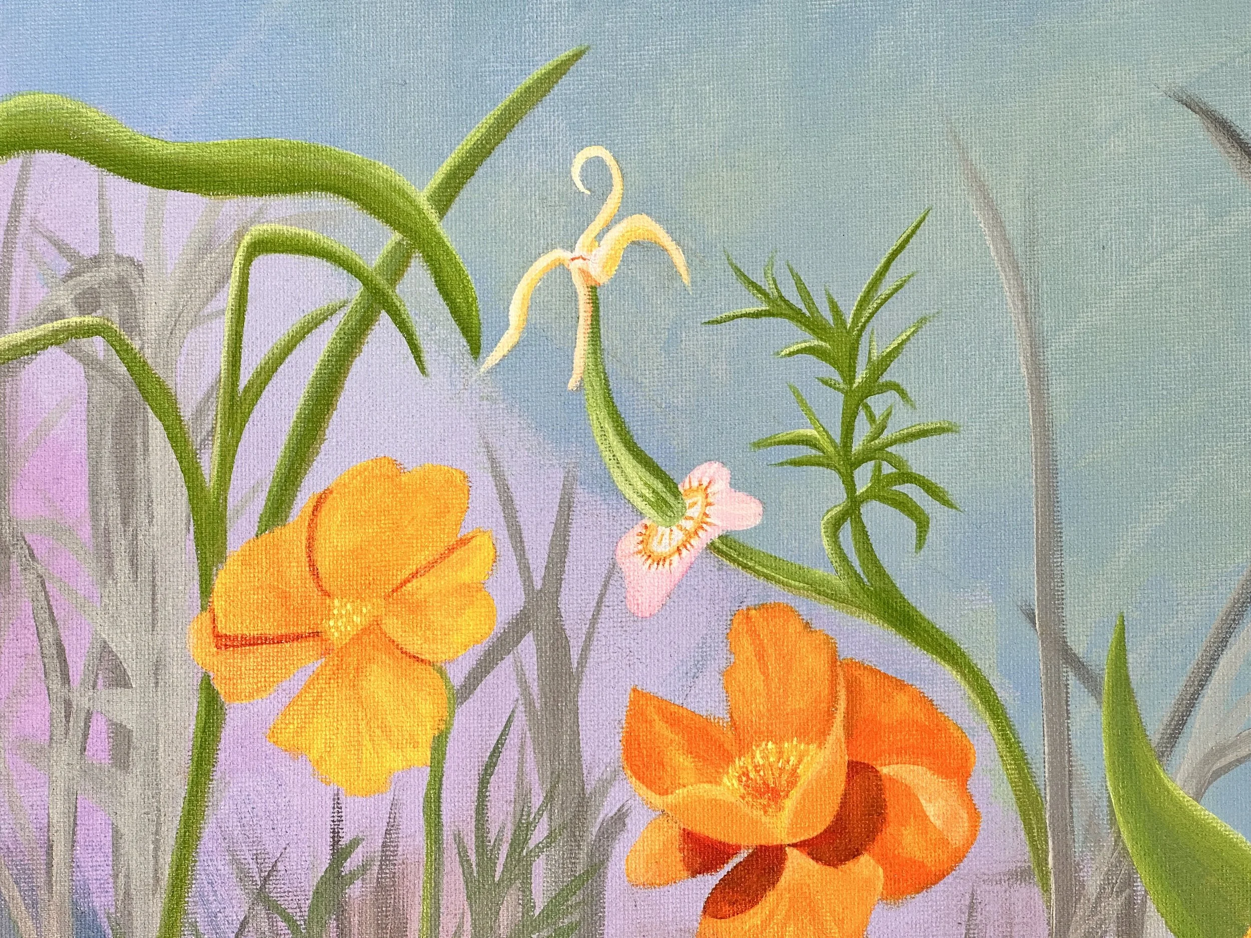 They Flourish. Acrylic on canvas, 10 x 10 inches.
Golden petals flare against shifting skies, these California poppies bloom defiantly along BC’s coast. Their delicate brilliance belies a tenacity — thriving in sun-baked soil, persisting through