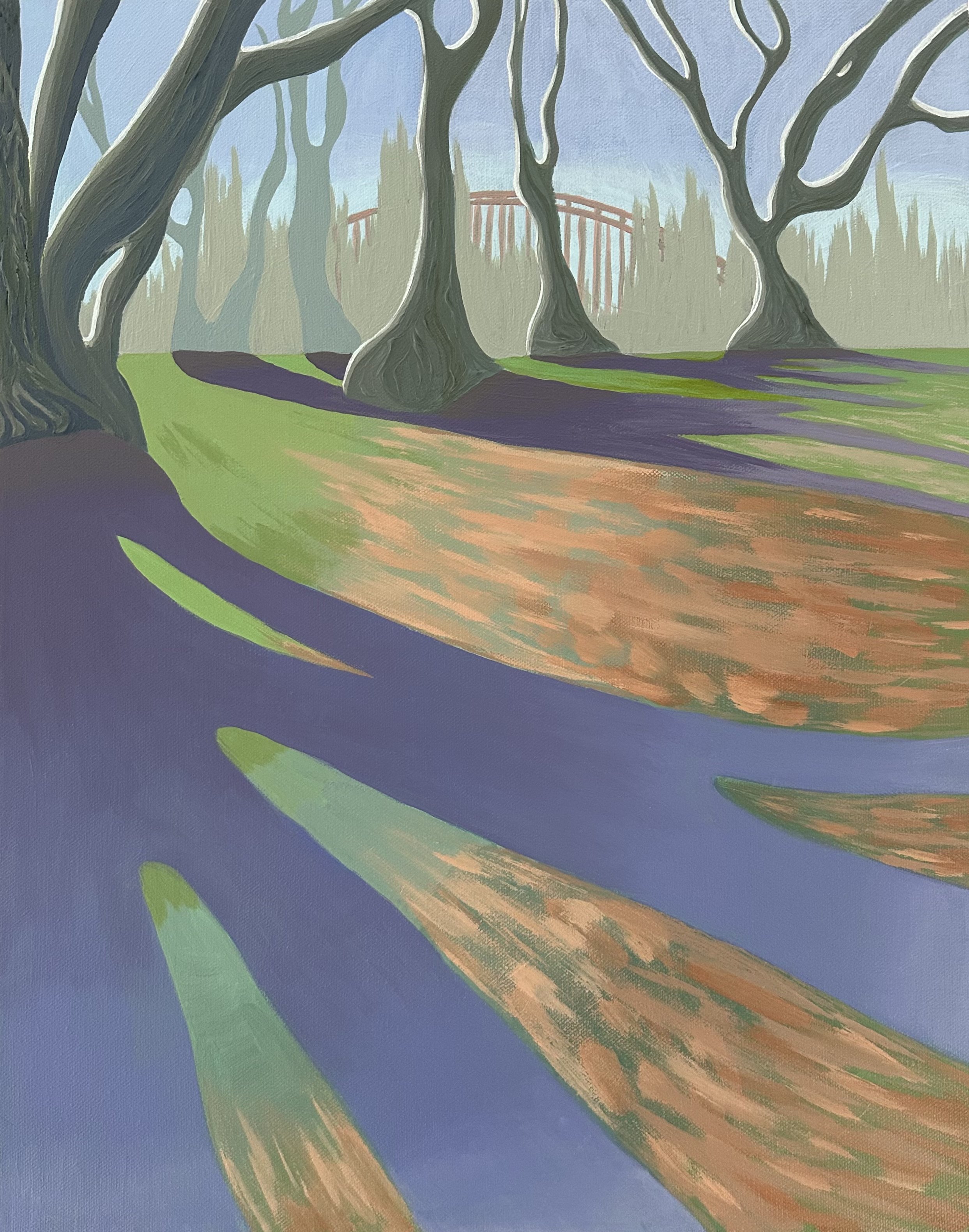 Resilient Bigleaf Maples.
Acrylic on canvas, 20 x 16 inches.
This painting celebrates the enduring presence of bigleaf maples in Bridgman Park, North Vancouver — trees known for their strength, adaptability, and wide, sheltering canopies. Here,