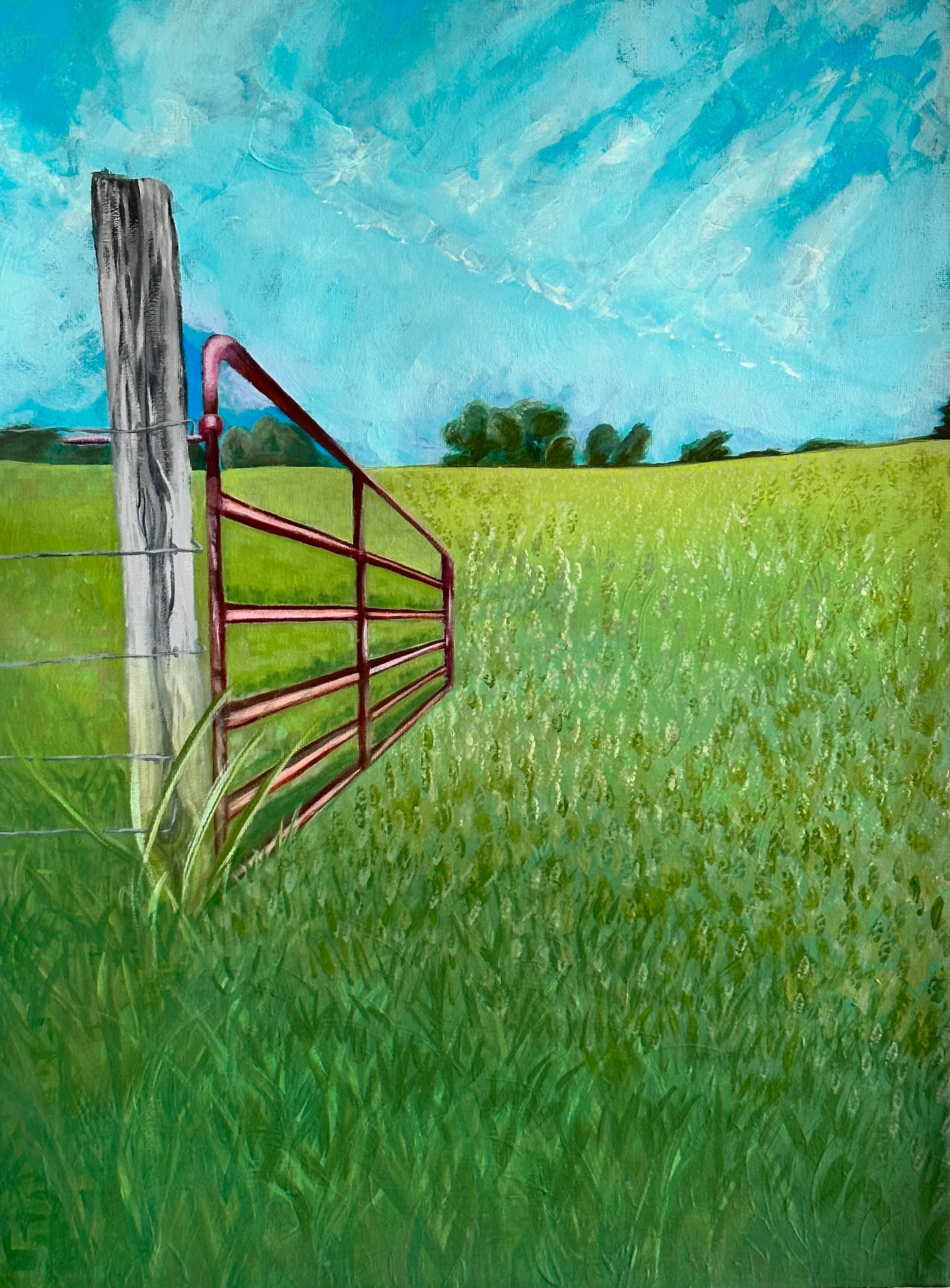 Somewhere In…. (sold).
Acrylic on canvas, 24 x 18 inches.
'Somewhere in...' invites the viewer to pause at an open gate — a gesture of welcome, wonder, and wandering. With sky stretched wide and grasses whispering in the breeze, this farmer’s f