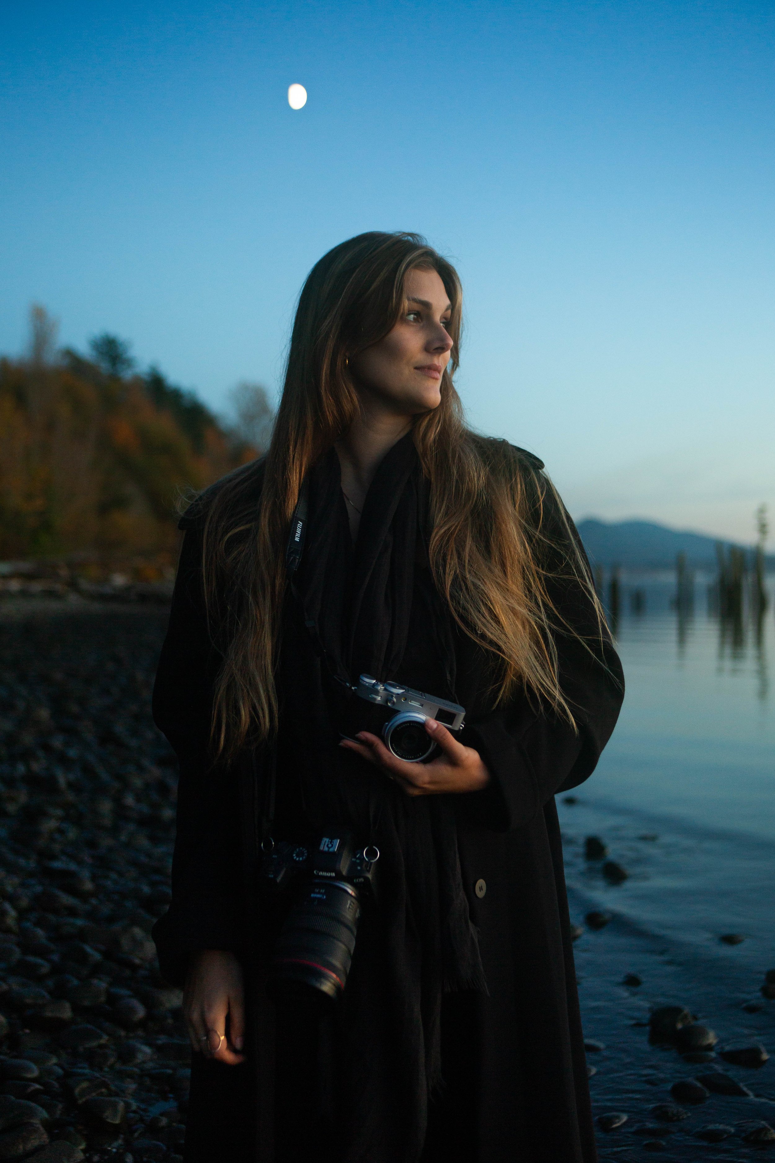 Creative outdoor portrait for photographer at a Pacific Northwest beach using natural light. Part of Catlyn Sue’s portrait photography sessions, showcasing artistic style in natural coastal settings.