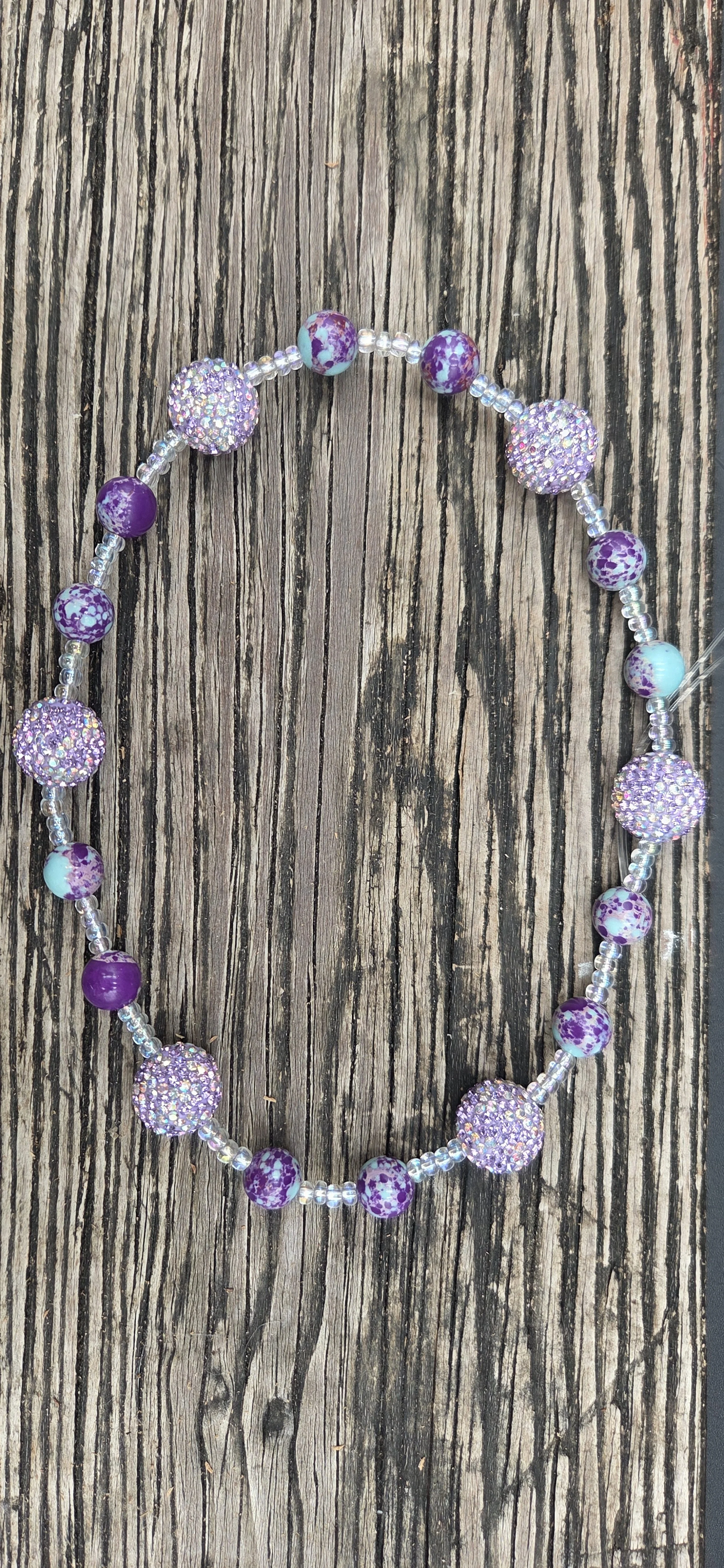 XL PURPLE SPARKLE GLASS BEAD, PURPLE AND BLUE GLASS BEAD AND CLEAR GLASS BEAD NECKLACE