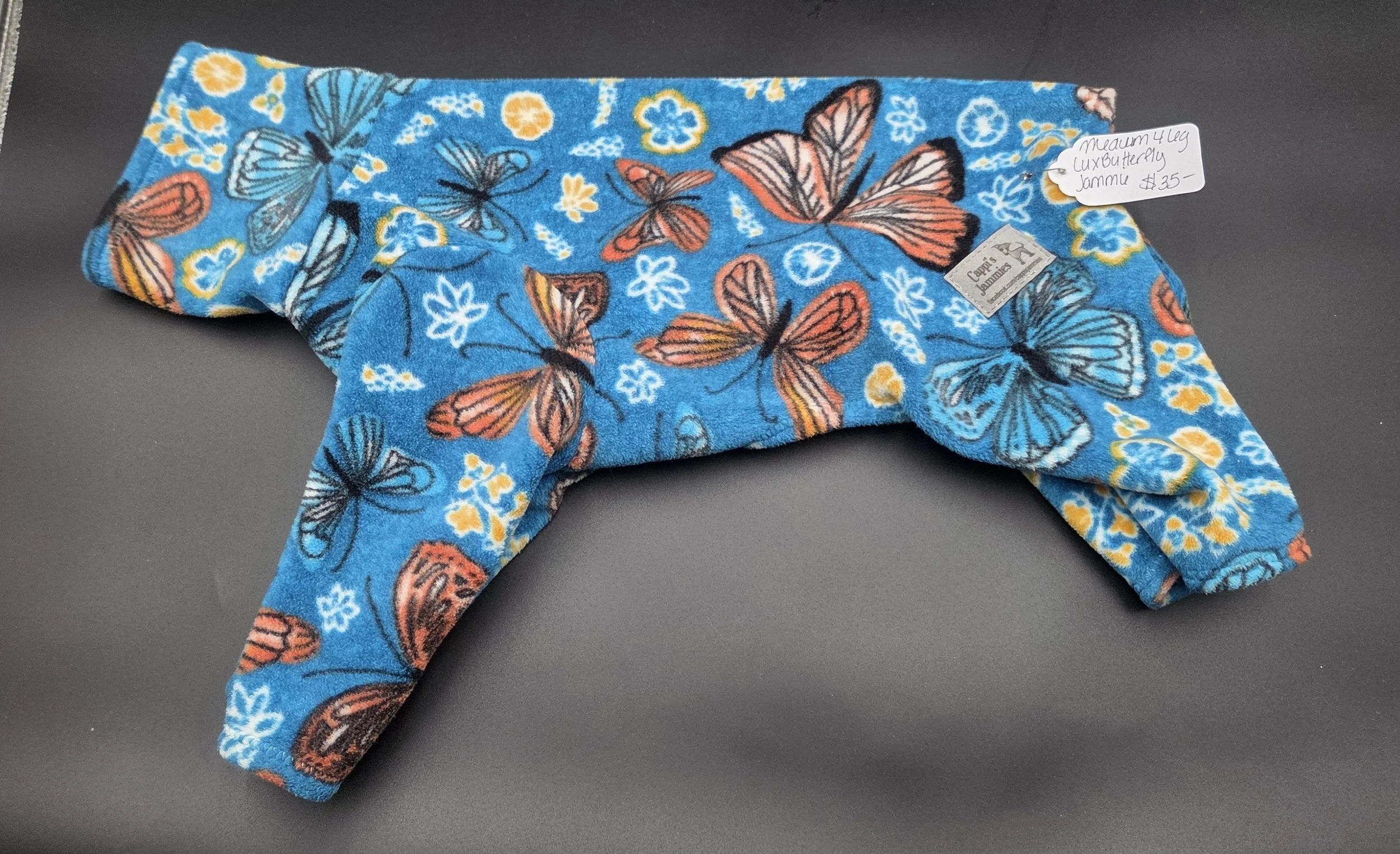 MEDIUM 4 LEG BLUE AND ORANGE BUTTERFLY LUX FLEECE JAMMIE (NOT STANDARD SIZE)