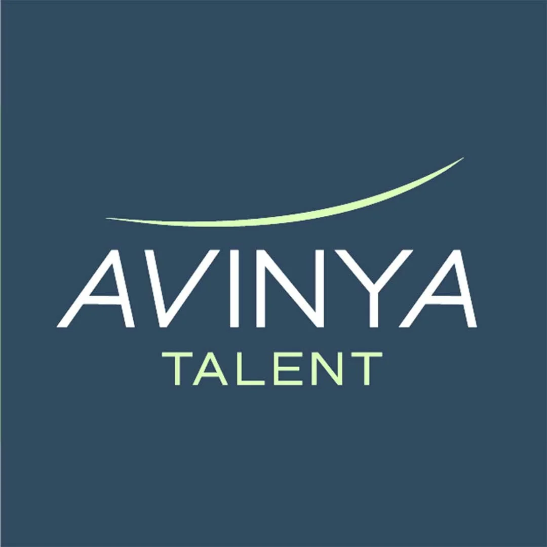 Logo of Avinya Talent with a stylized swoosh above the company name, on a blue background.