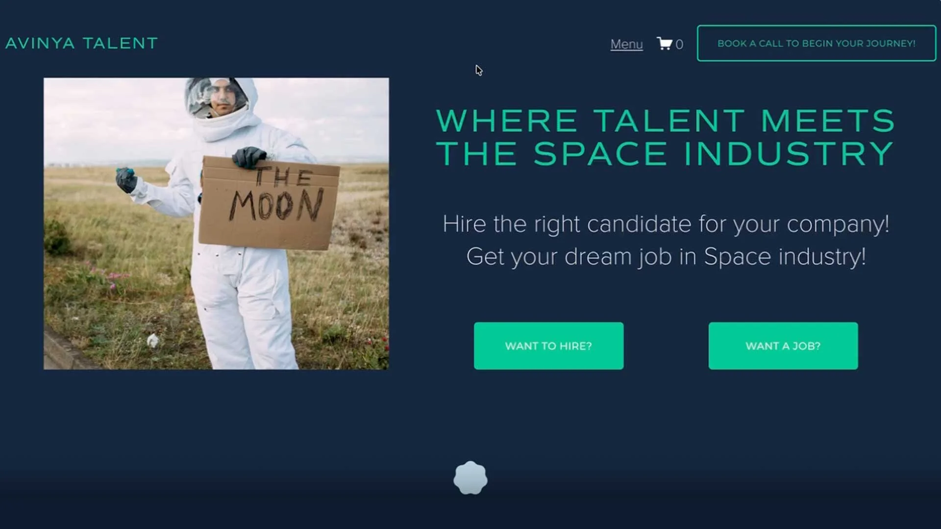 A person wearing a white space suit holding a cardboard sign that reads "The Moon" stands in an open field with grass and flowers, with a cloudy sky in the background.