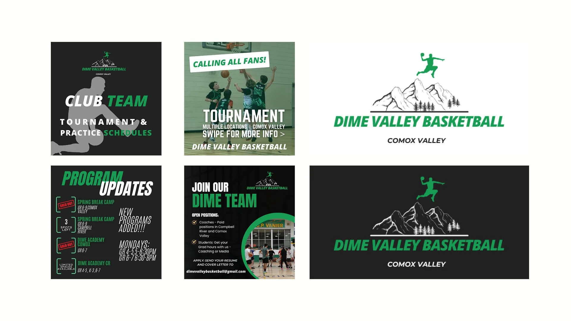 Six promotional flyers for Dime Valley Basketball in Comox Valley, with green, black, and white color schemes. The flyers include information about club team schedules, tournaments, updates on programs, joining the team, and feature basketball images and mountain logos.
