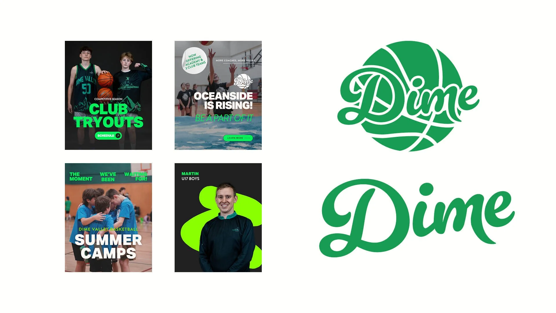 Six promotional images and two Dime logos related to basketball programs and summer camps. The promotional images feature young basketball players, coaches, and text about tryouts, summer camps, and team moments.