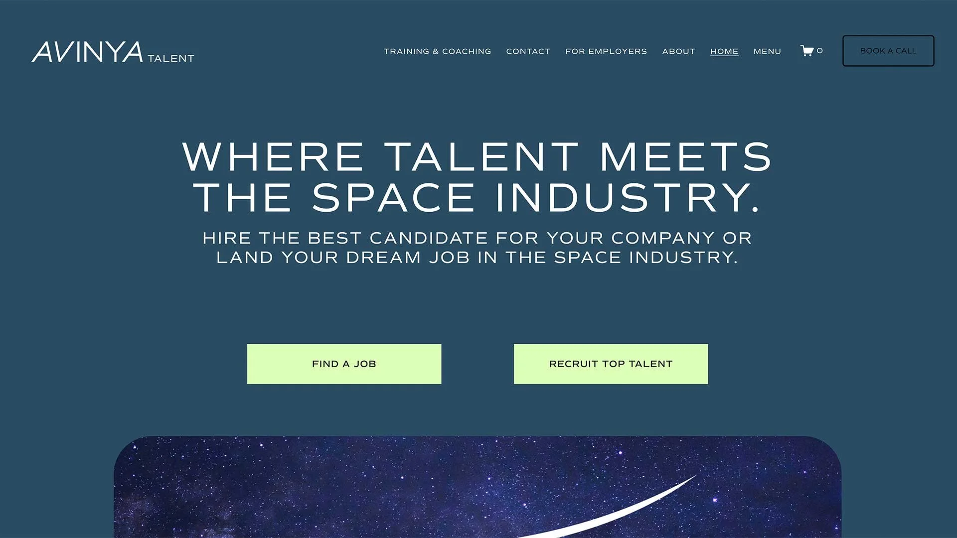 Homepage of a website called AVINYA TALENT, with a navigation menu including links for Training & Coaching, Contact, For Employers, About, Home, Menu, and a shopping cart icon. Prominent text states "Where talent meets the space industry," with a subheading about hiring candidates for space industry jobs and landing dream jobs in the space sector. Two buttons below read "Find a Job" and "Recruit Top Talent."