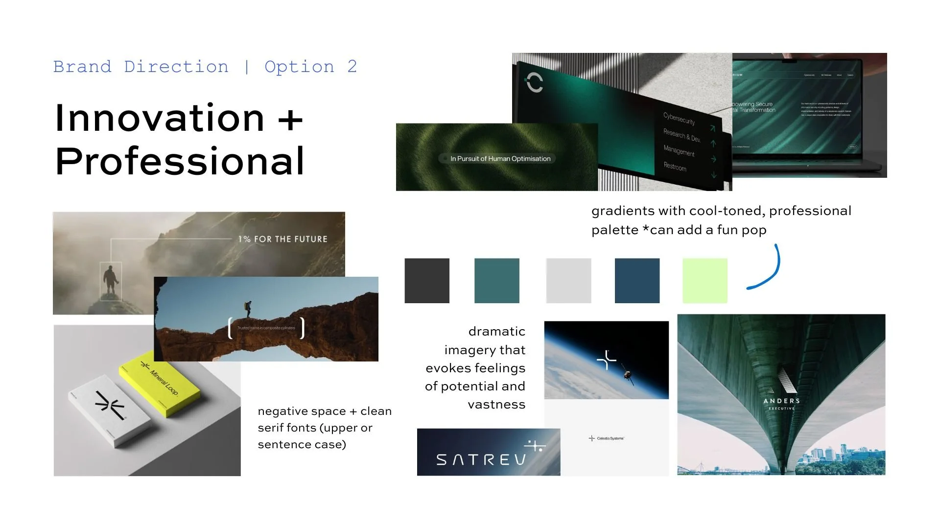 A presentation slide about brand design, featuring text, images, color swatches, and design elements. The slide includes the title 'Innovation + Professional,' various images of landscapes and technology, color palettes with gradients, and notes about design choices like negative space and imagery evoking potential and vastness.